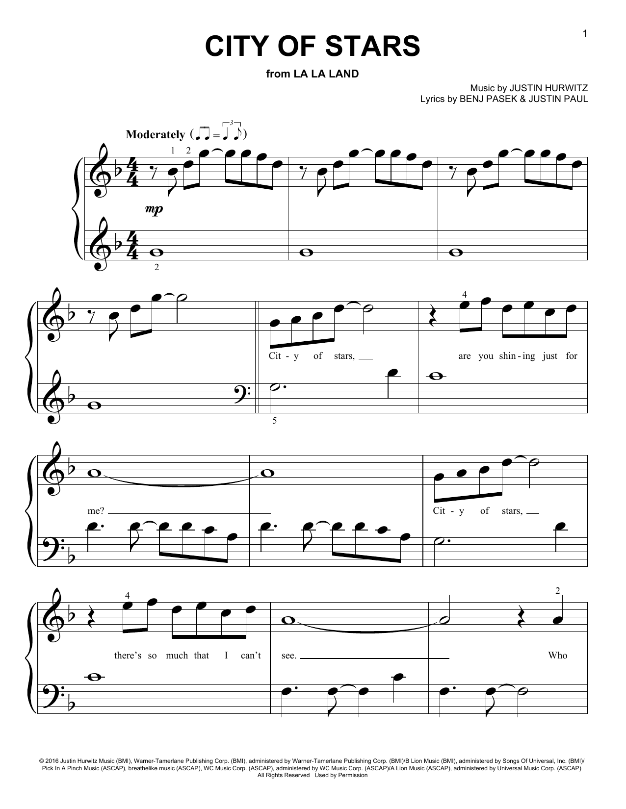 Pasek & Paul City Of Stars Sheet Music Notes & Chords for Piano (Big Notes) - Download or Print PDF