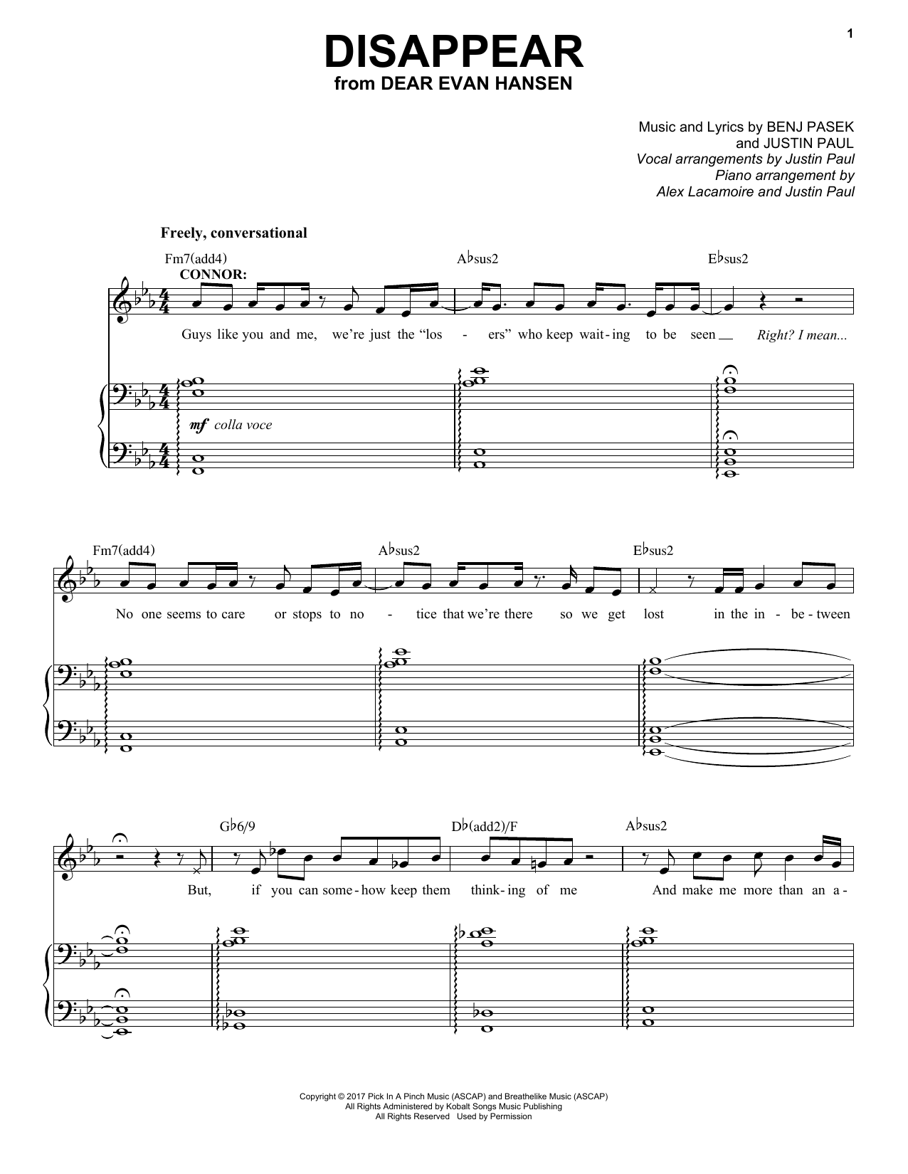 Pasek & Paul Disappear (from Dear Evan Hansen) Sheet Music Notes & Chords for Easy Piano - Download or Print PDF