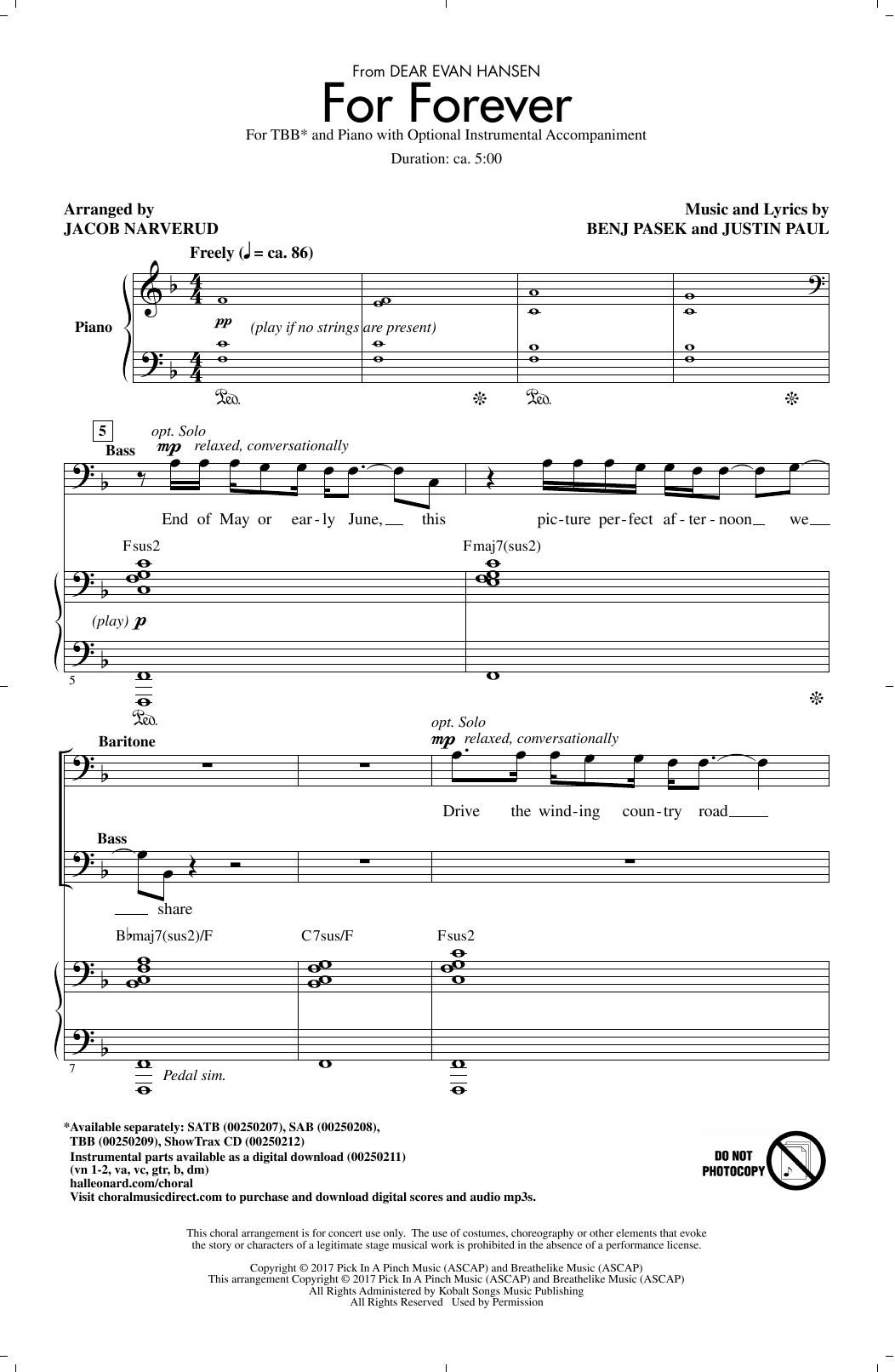 Pasek & Paul For Forever (from Dear Evan Hansen) (arr. Jacob Narverud) Sheet Music Notes & Chords for TBB - Download or Print PDF