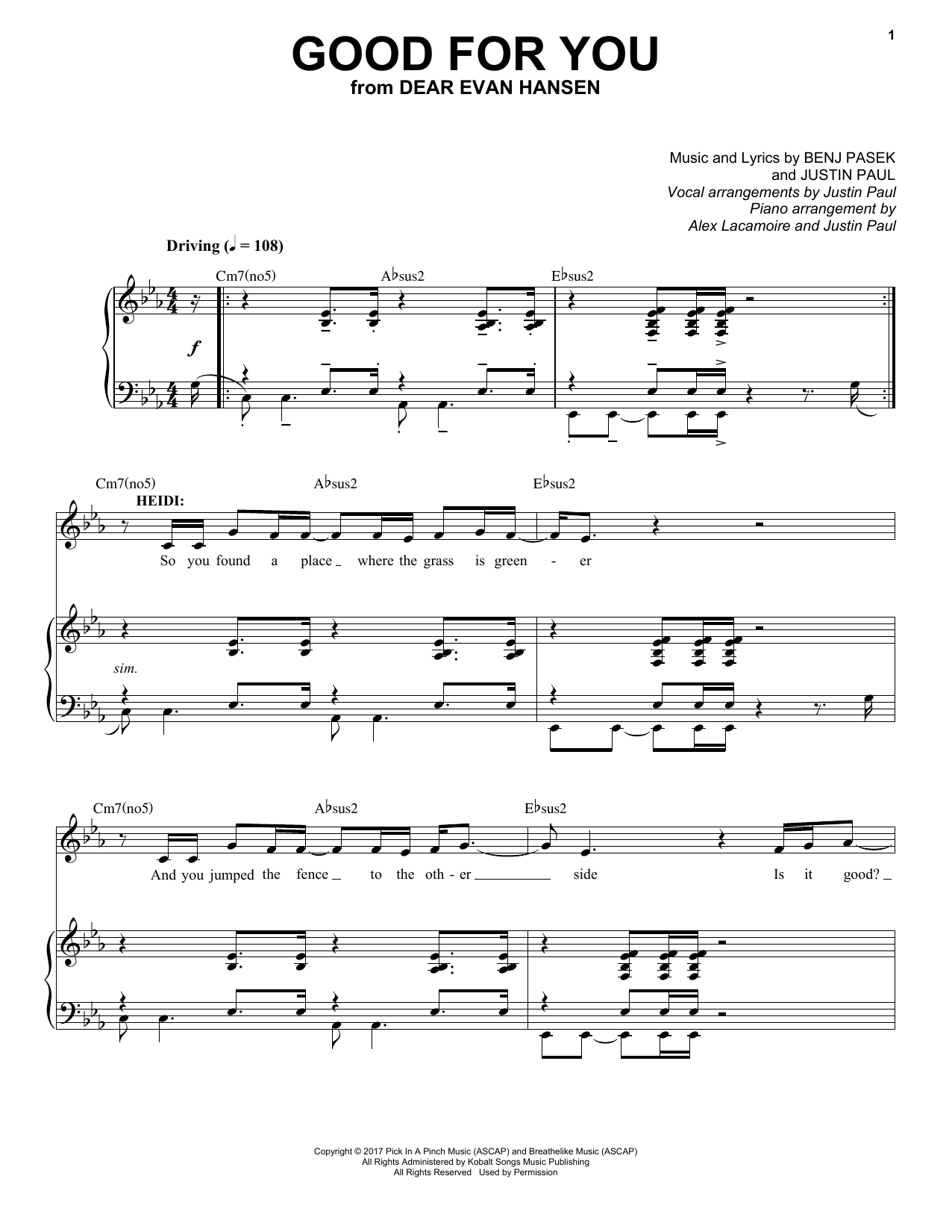 Pasek & Paul Good For You (from Dear Evan Hansen) Sheet Music Notes & Chords for Easy Piano - Download or Print PDF