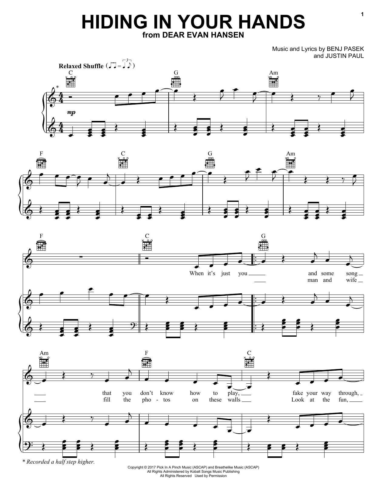 Pasek & Paul Hiding In Your Hands (from Dear Evan Hansen) Sheet Music Notes & Chords for Piano, Vocal & Guitar (Right-Hand Melody) - Download or Print PDF