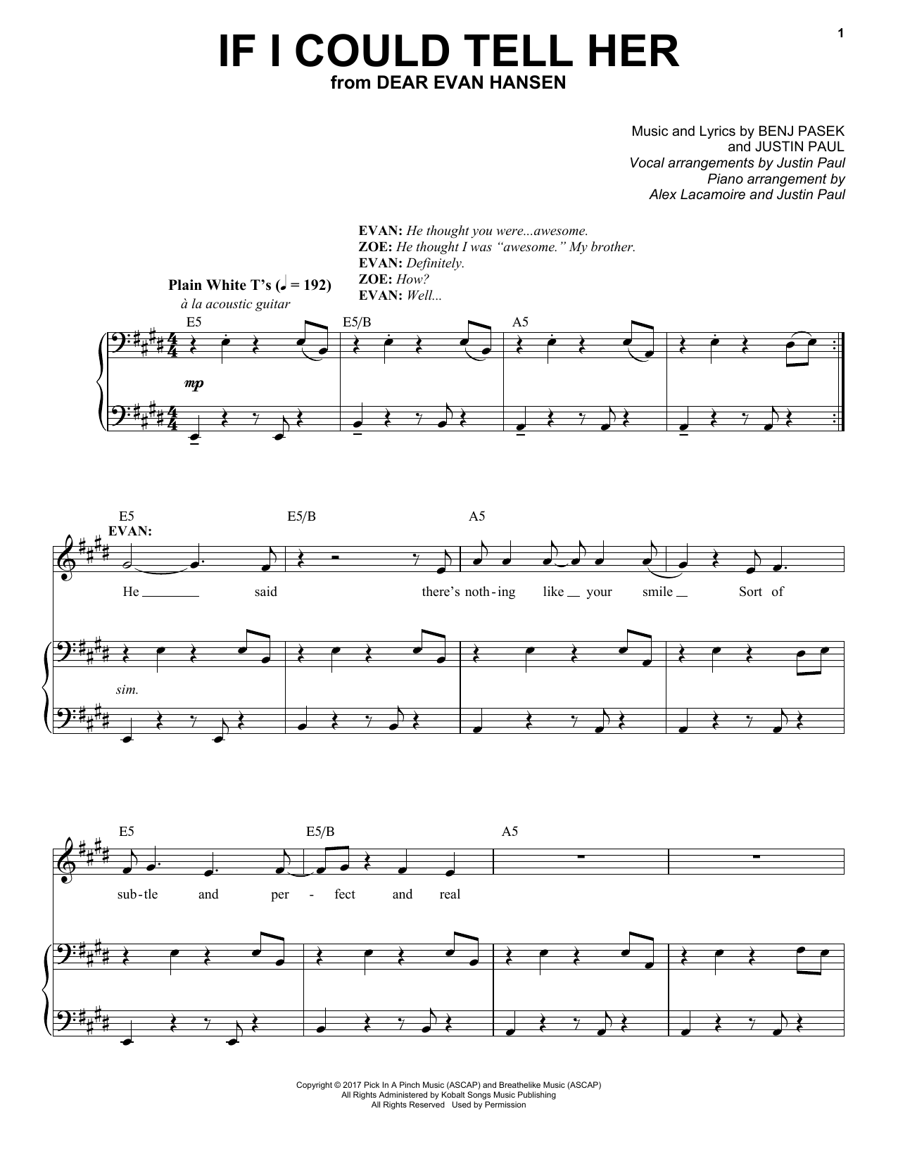 Pasek & Paul If I Could Tell Her (from Dear Evan Hansen) Sheet Music Notes & Chords for Piano & Vocal - Download or Print PDF