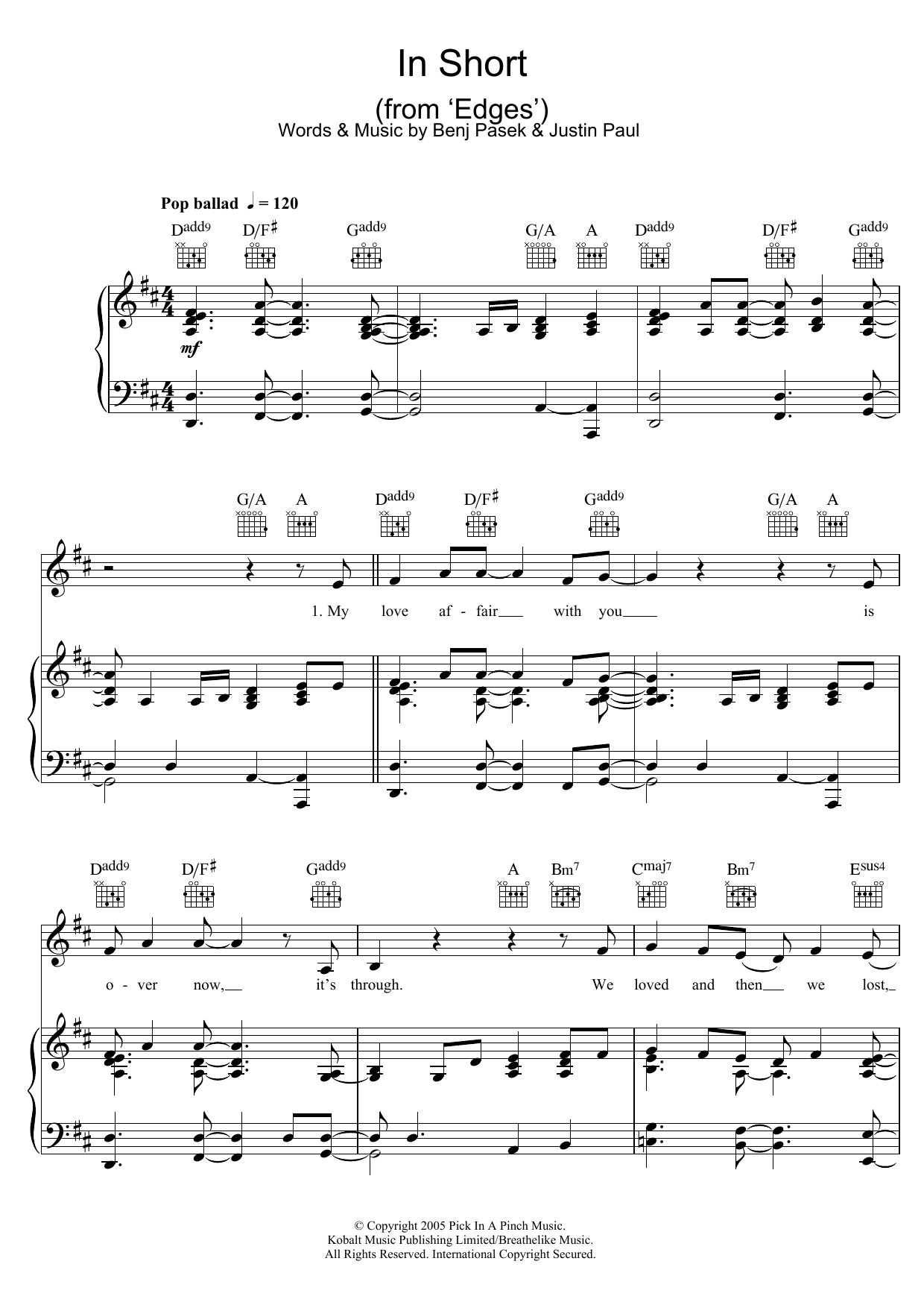 Pasek & Paul In Short (from Edges) Sheet Music Notes & Chords for Piano, Vocal & Guitar (Right-Hand Melody) - Download or Print PDF