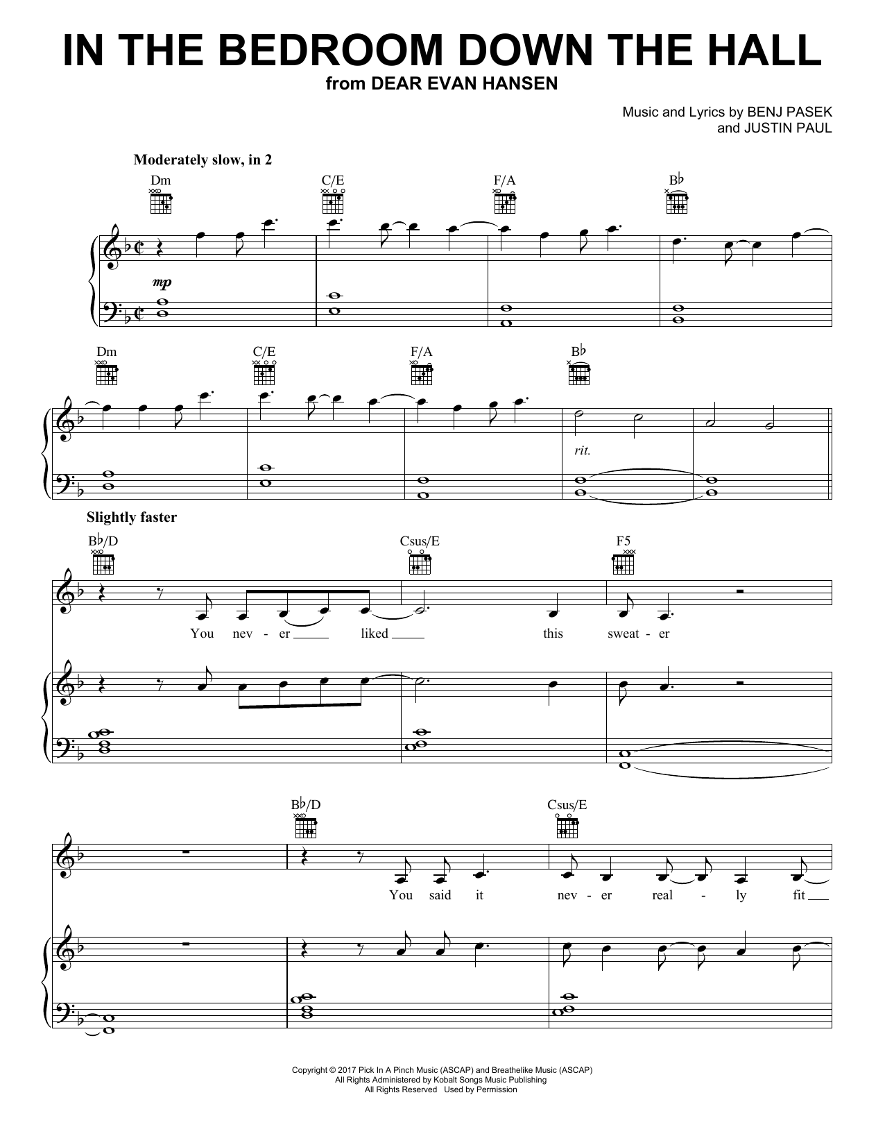 Pasek & Paul In The Bedroom Down The Hall (from Dear Evan Hansen) Sheet Music Notes & Chords for Piano, Vocal & Guitar (Right-Hand Melody) - Download or Print PDF