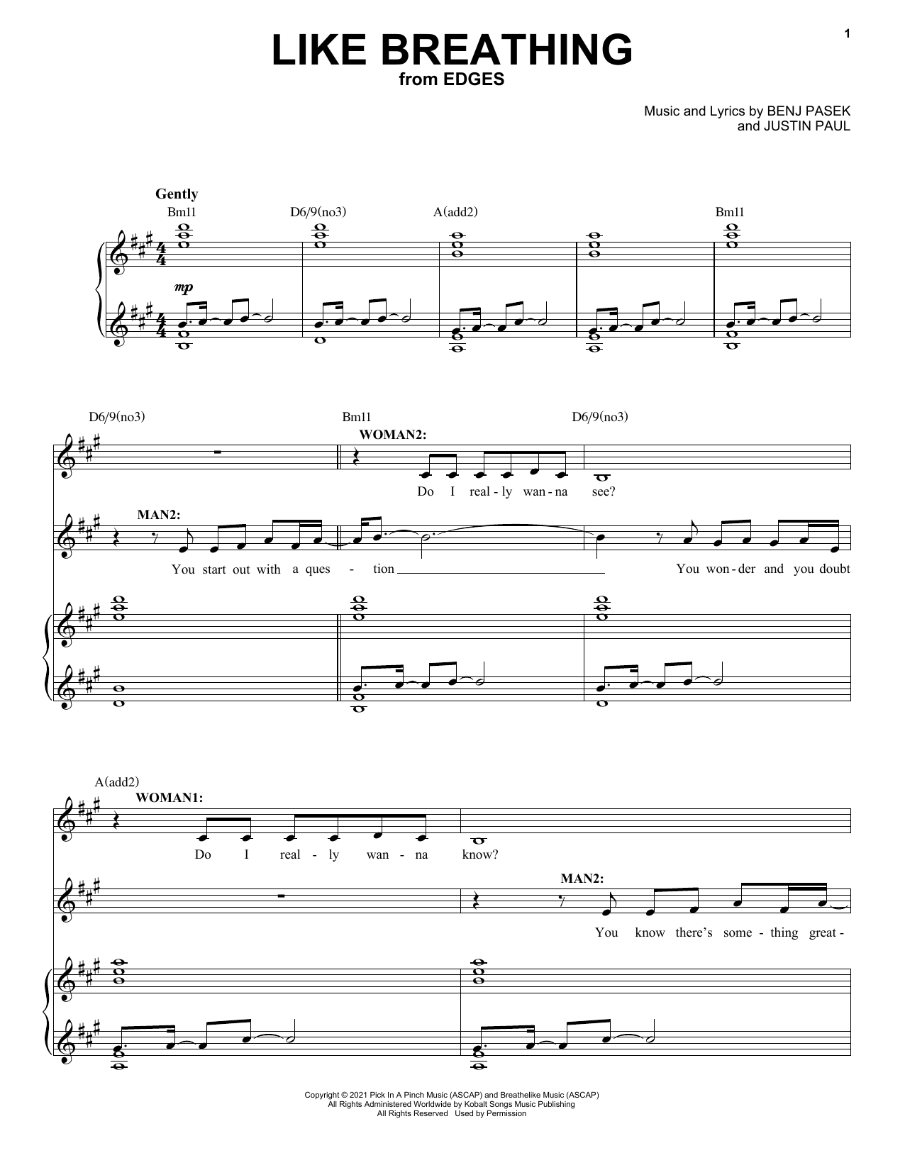 Pasek & Paul Like Breathing (from Edges) Sheet Music Notes & Chords for Piano & Vocal - Download or Print PDF