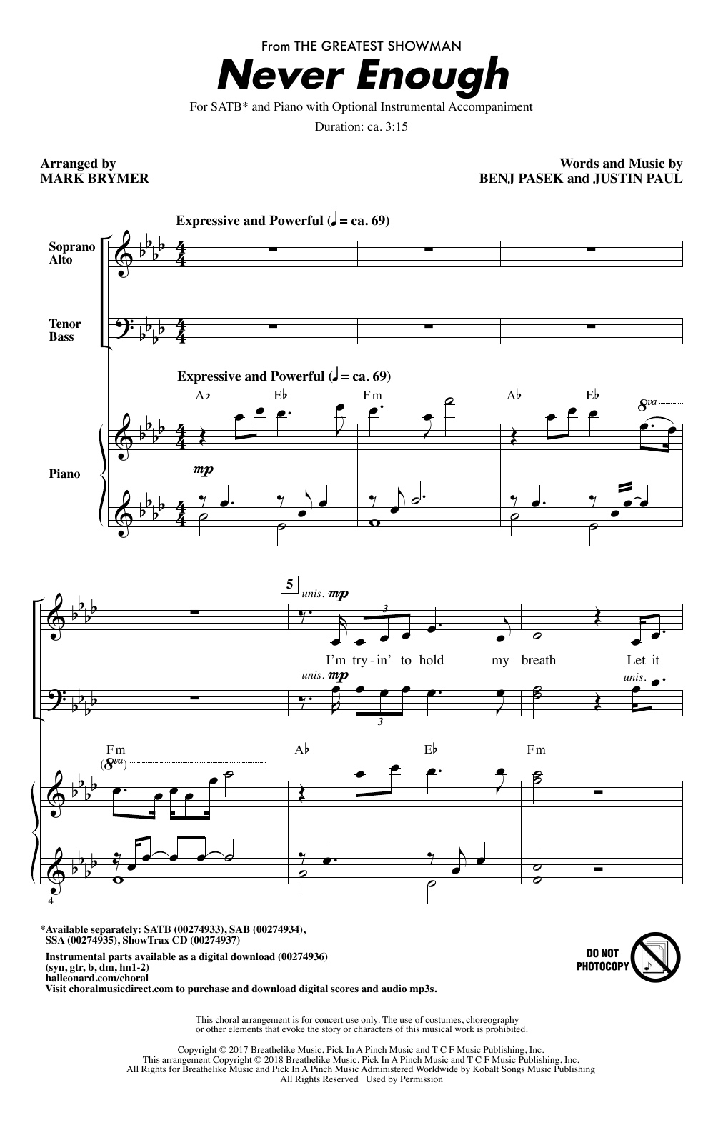 Pasek & Paul Never Enough (from The Greatest Showman) (arr. Mark Brymer) Sheet Music Notes & Chords for SATB - Download or Print PDF