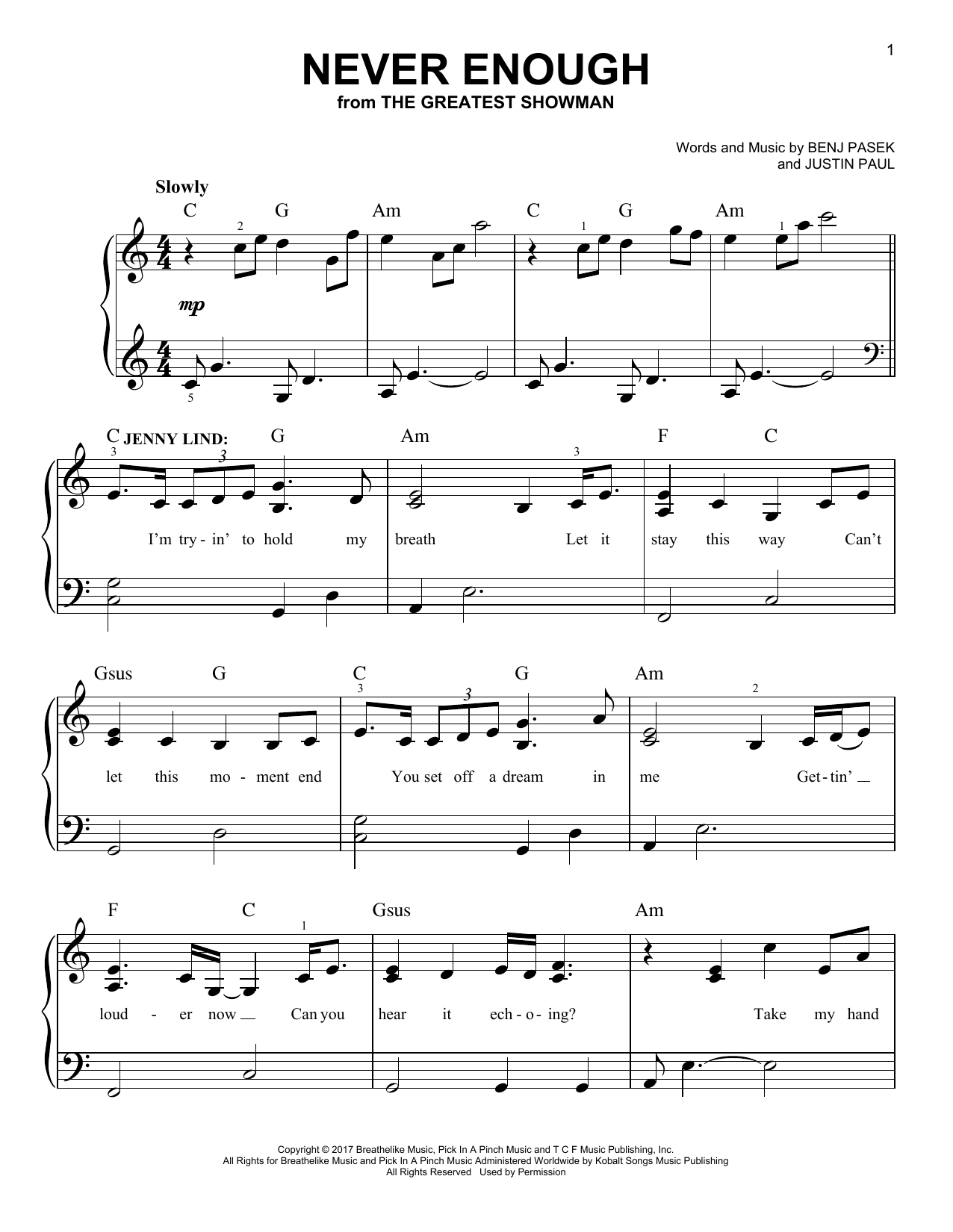 Pasek & Paul Never Enough Sheet Music Notes & Chords for Easy Piano - Download or Print PDF