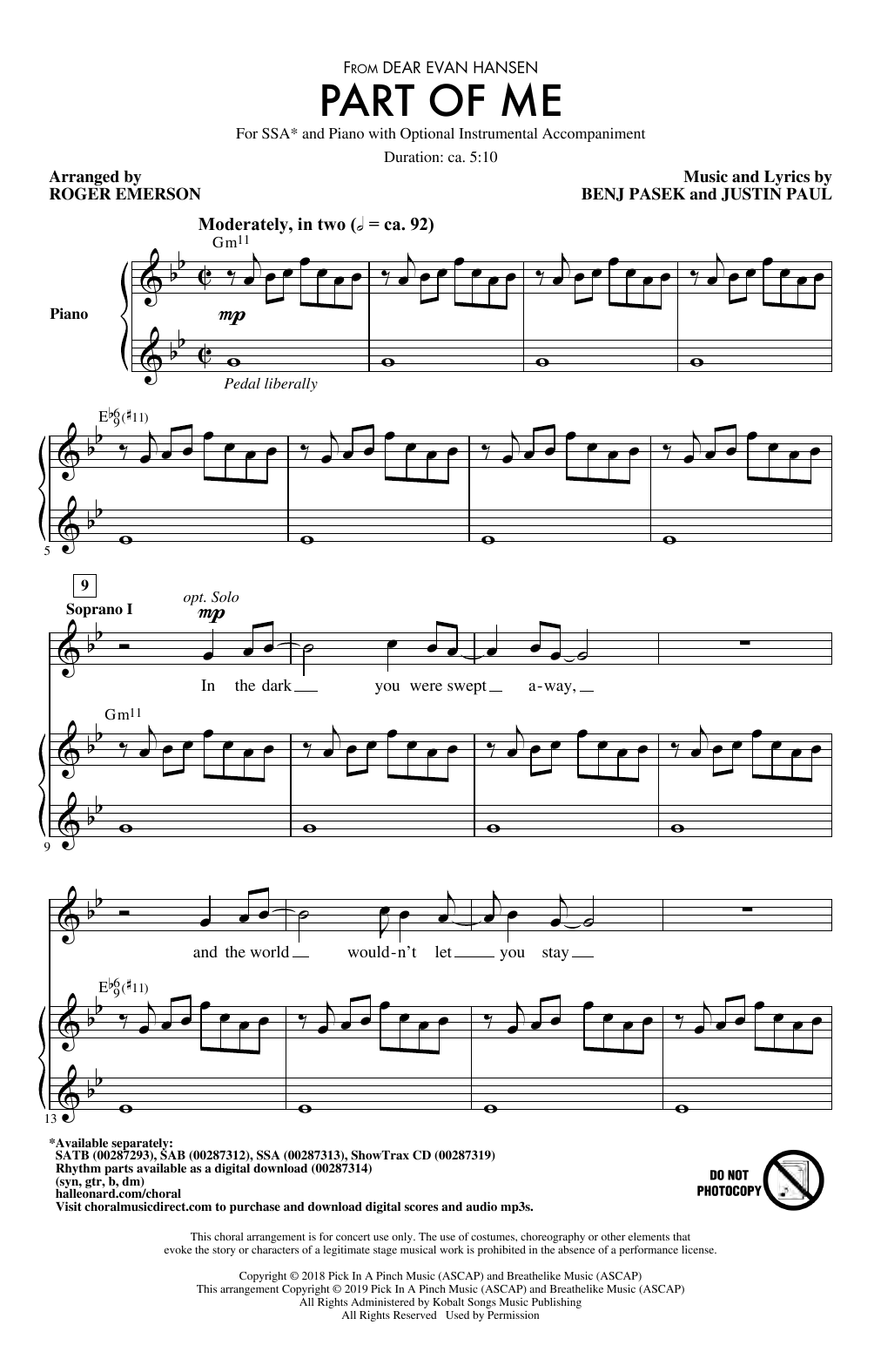Pasek & Paul Part Of Me (from Dear Evan Hansen) (arr. Roger Emerson) Sheet Music Notes & Chords for SAB Choir - Download or Print PDF
