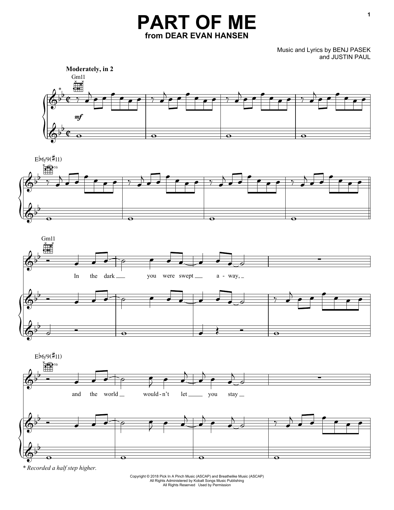 Pasek & Paul Part Of Me (from Dear Evan Hansen) Sheet Music Notes & Chords for Piano, Vocal & Guitar (Right-Hand Melody) - Download or Print PDF