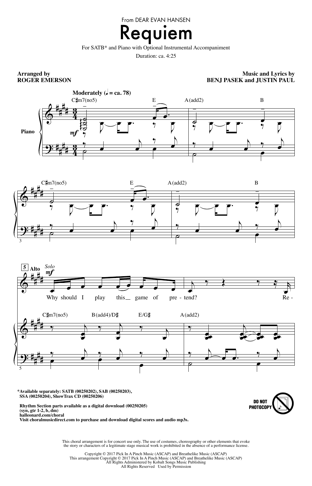 Pasek & Paul Requiem (from Dear Evan Hansen) (arr. Roger Emerson) Sheet Music Notes & Chords for SATB - Download or Print PDF