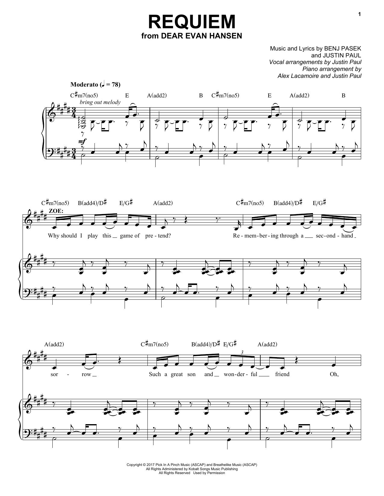 Pasek & Paul Requiem (from Dear Evan Hansen) Sheet Music Notes & Chords for Piano, Vocal & Guitar (Right-Hand Melody) - Download or Print PDF