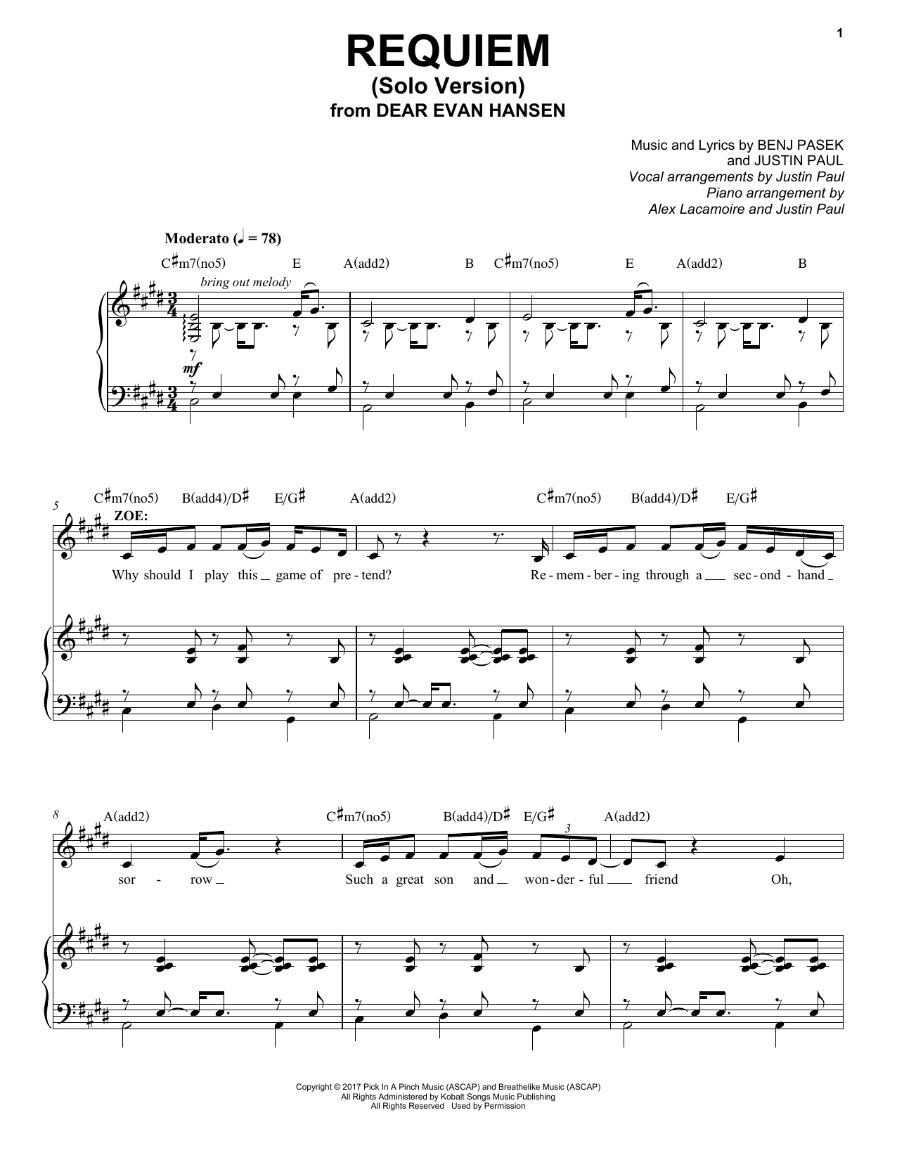 Pasek & Paul Requiem (Solo Version) (from Dear Evan Hansen) Sheet Music Notes & Chords for Piano & Vocal - Download or Print PDF