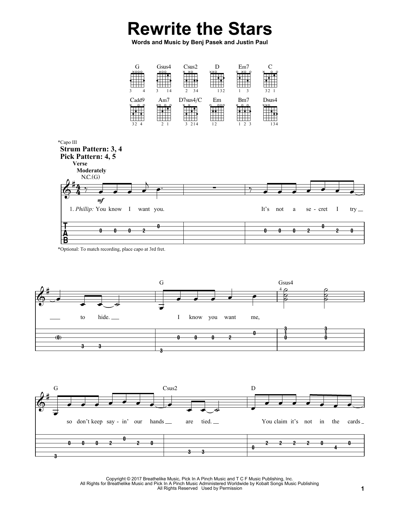 Pasek & Paul Rewrite The Stars Sheet Music Notes & Chords for Easy Guitar Tab - Download or Print PDF