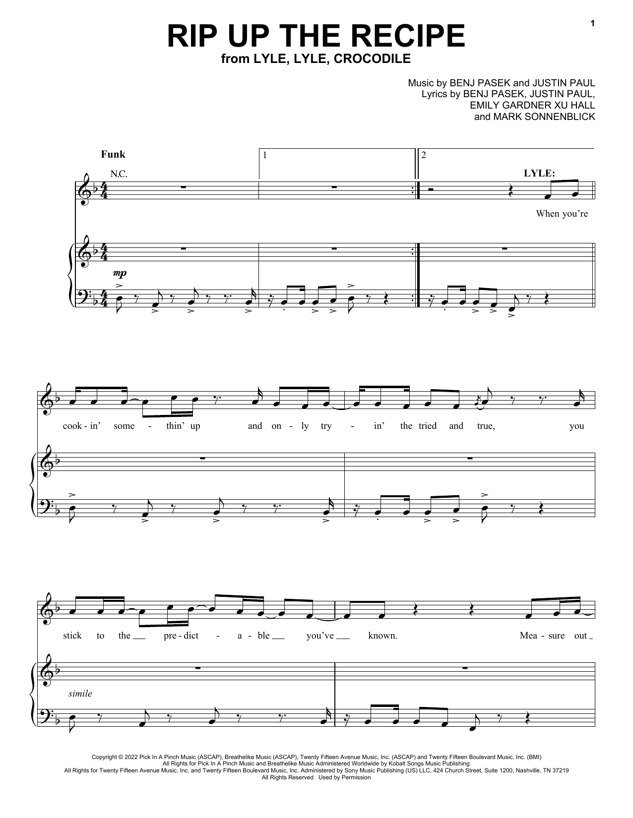 Pasek & Paul Rip Up The Recipe (from Lyle, Lyle, Crocodile) Sheet Music Notes & Chords for Piano, Vocal & Guitar Chords (Right-Hand Melody) - Download or Print PDF