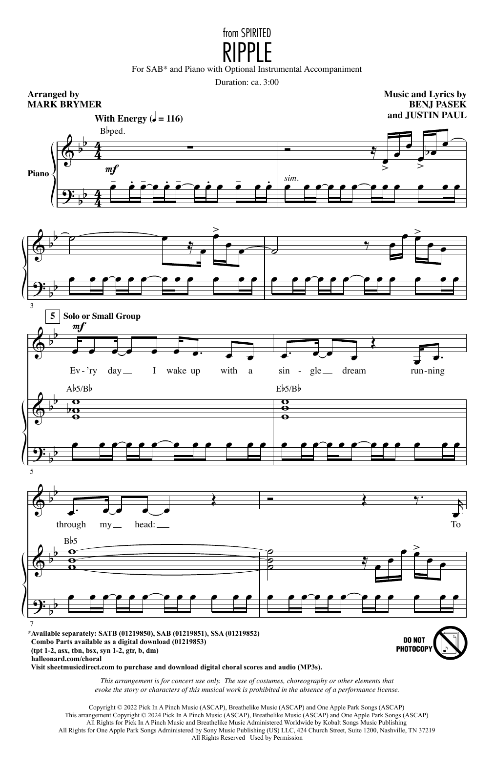 Pasek & Paul Ripple (Cut Song from Spirited) (arr. Mark Brymer) Sheet Music Notes & Chords for SSA Choir - Download or Print PDF