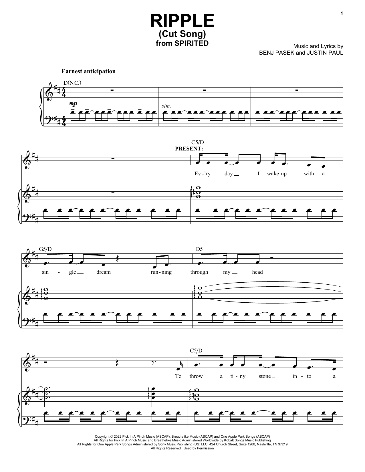 Pasek & Paul Ripple (Cut Song) (from Spirited) Sheet Music Notes & Chords for Piano & Vocal - Download or Print PDF