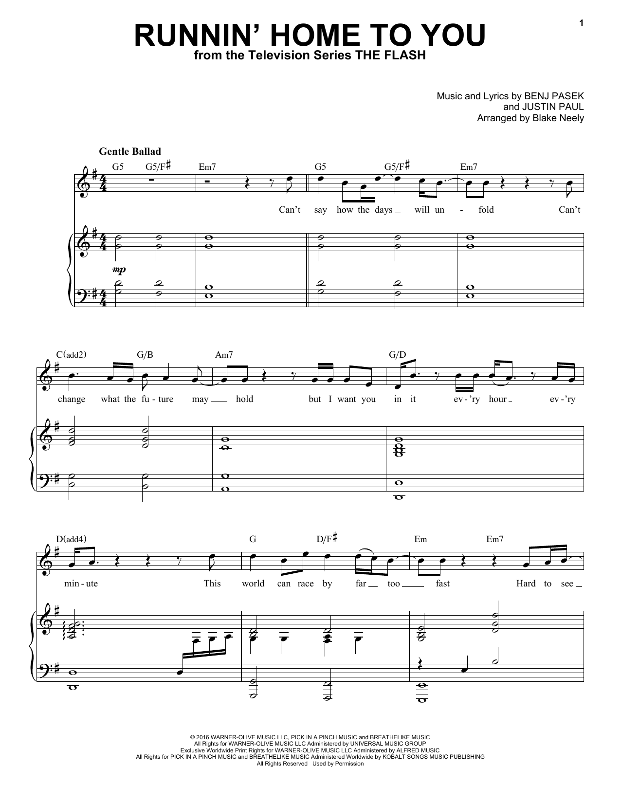 Pasek & Paul Runnin' Home To You (from The Flash) Sheet Music Notes & Chords for Piano & Vocal - Download or Print PDF