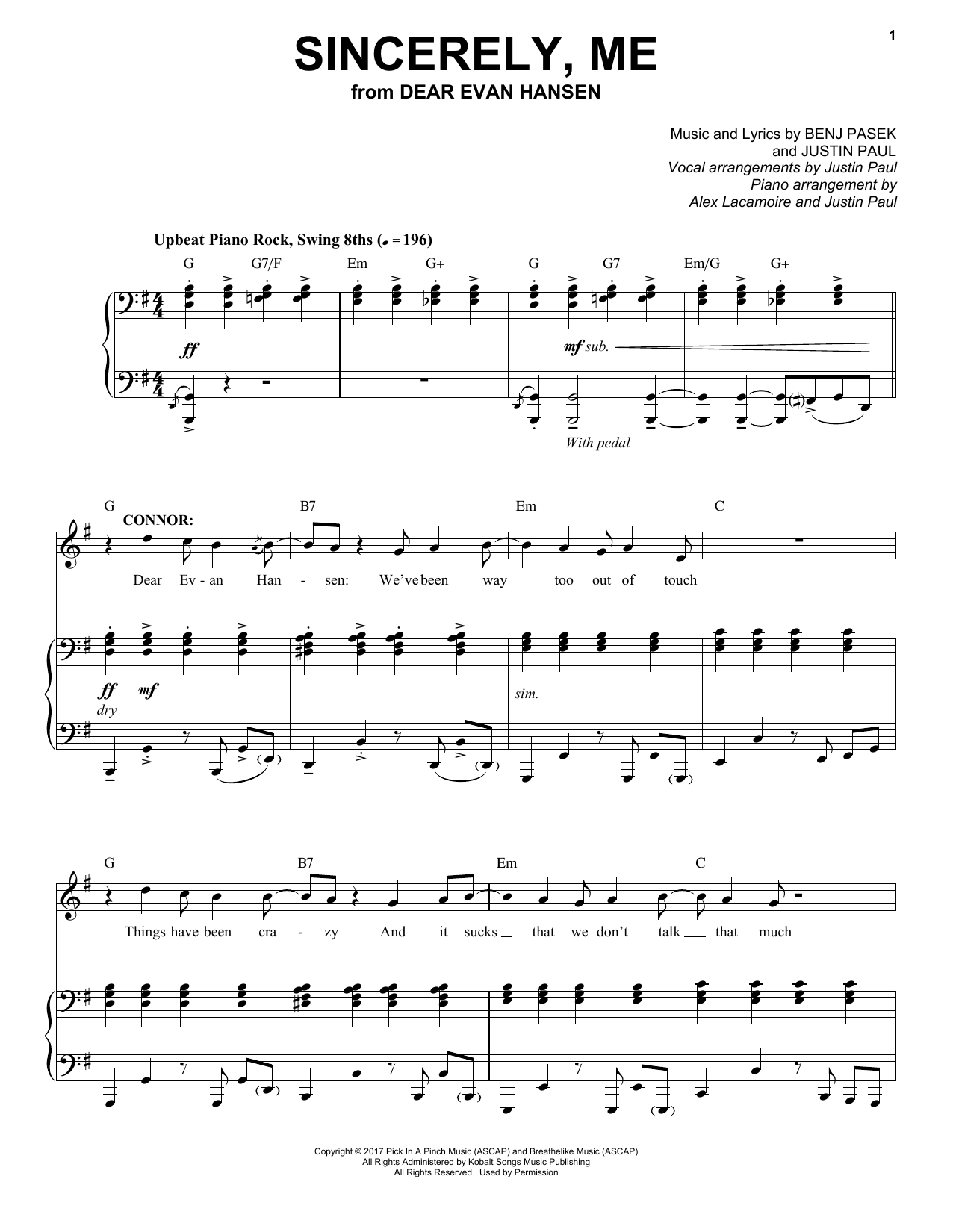 Pasek & Paul Sincerely, Me (from Dear Evan Hansen) Sheet Music Notes & Chords for Piano, Vocal & Guitar (Right-Hand Melody) - Download or Print PDF