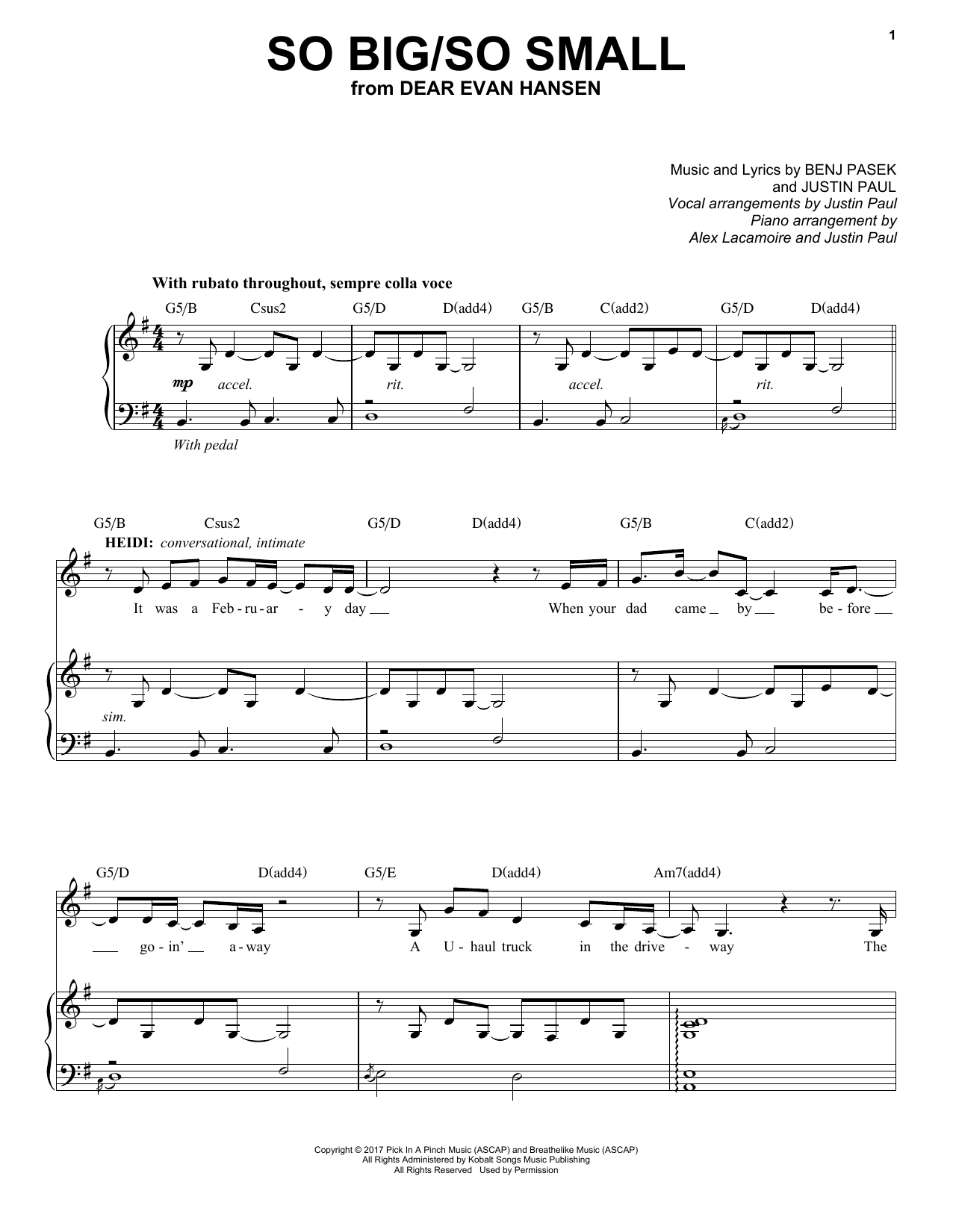 Pasek & Paul So Big/So Small (from Dear Evan Hansen) Sheet Music Notes & Chords for Piano, Vocal & Guitar (Right-Hand Melody) - Download or Print PDF