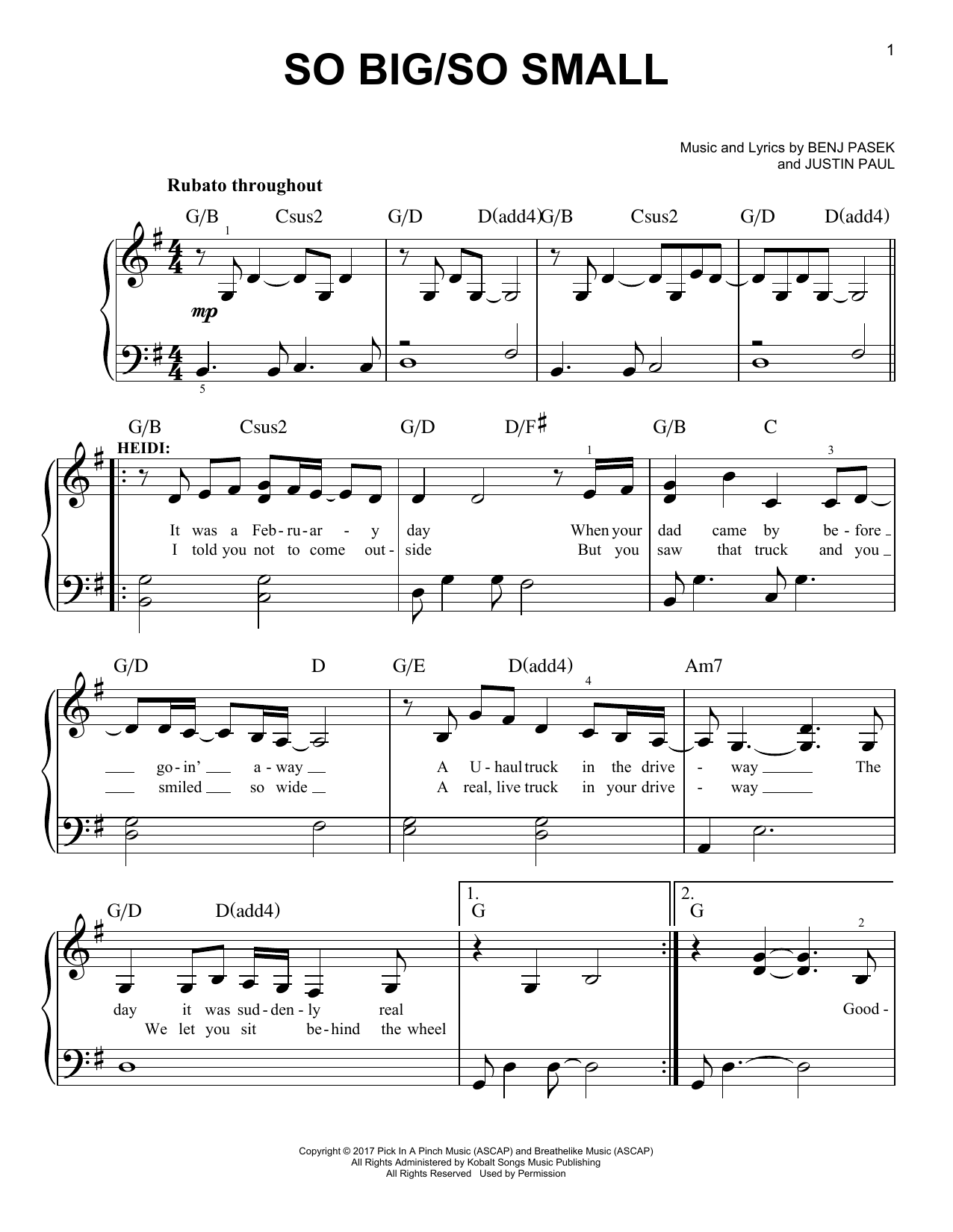 Pasek & Paul So Big/So Small Sheet Music Notes & Chords for Easy Piano - Download or Print PDF