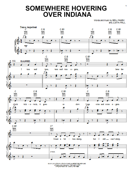 Justin Paul Somewhere Hovering Over Indiana Sheet Music Notes & Chords for Piano & Vocal - Download or Print PDF