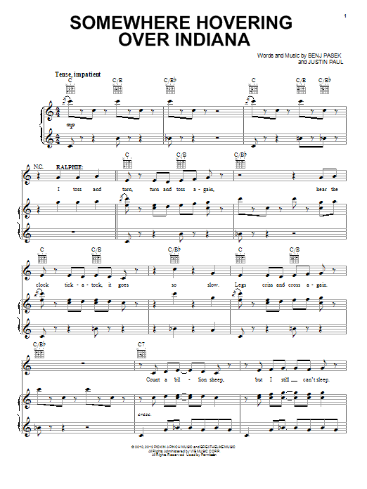 Pasek & Paul Somewhere Hovering Over Indiana Sheet Music Notes & Chords for Piano, Vocal & Guitar (Right-Hand Melody) - Download or Print PDF