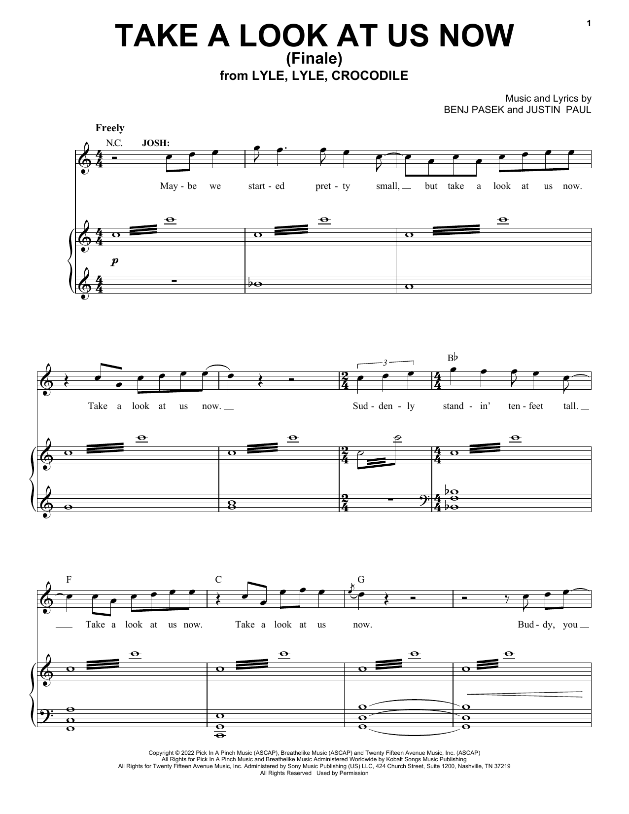 Pasek & Paul Take A Look At Us Now (Finale) (from Lyle, Lyle, Crocodile) Sheet Music Notes & Chords for Piano, Vocal & Guitar Chords (Right-Hand Melody) - Download or Print PDF
