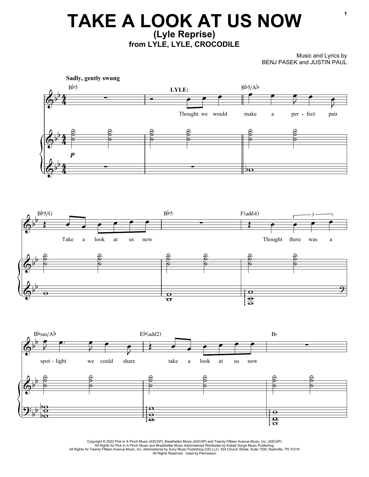 Pasek & Paul Take A Look At Us Now (Lyle Reprise) (from Lyle, Lyle, Crocodile) Sheet Music Notes & Chords for Piano, Vocal & Guitar Chords (Right-Hand Melody) - Download or Print PDF