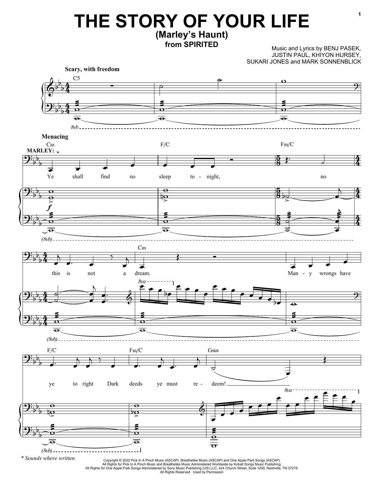 Pasek & Paul The Story Of Your Life (Marley's Haunt) (from Spirited) Sheet Music Notes & Chords for Piano & Vocal - Download or Print PDF