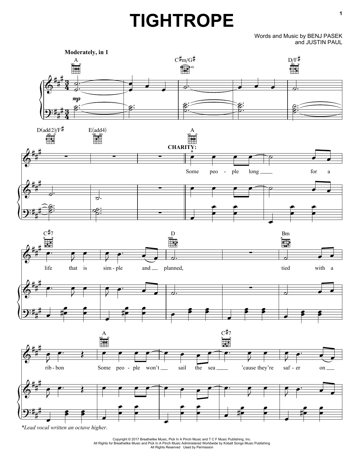Pasek & Paul Tightrope (from The Greatest Showman) Sheet Music Notes & Chords for Piano & Vocal - Download or Print PDF