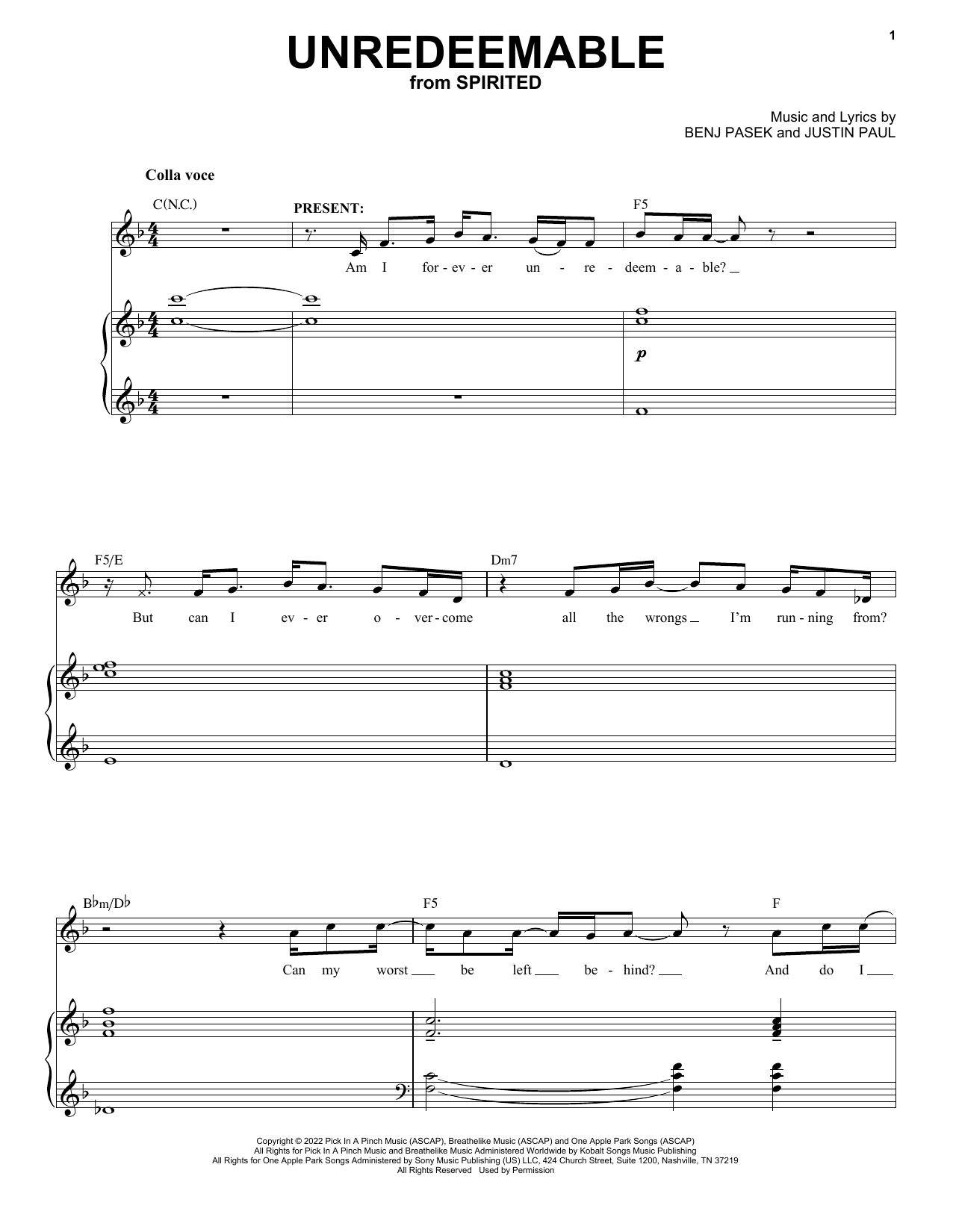 Pasek & Paul Unredeemable (from Spirited) Sheet Music Notes & Chords for Piano & Vocal - Download or Print PDF