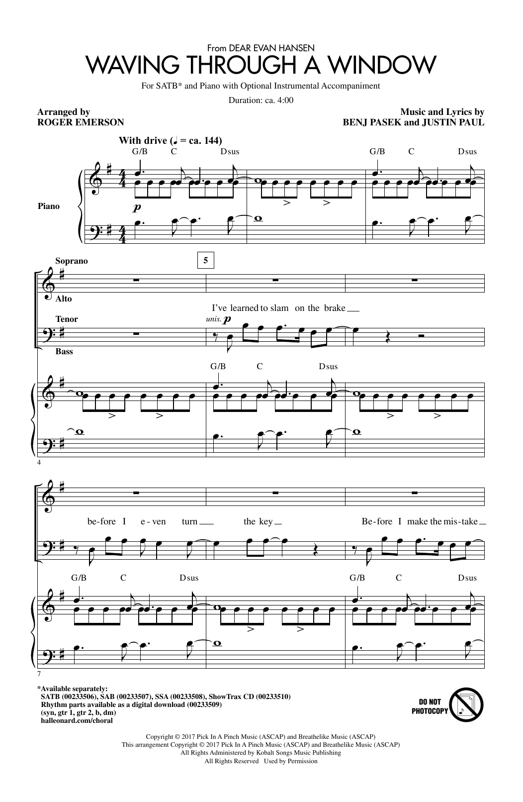 Roger Emerson Waving Through A Window Sheet Music Notes & Chords for SAB Choir - Download or Print PDF