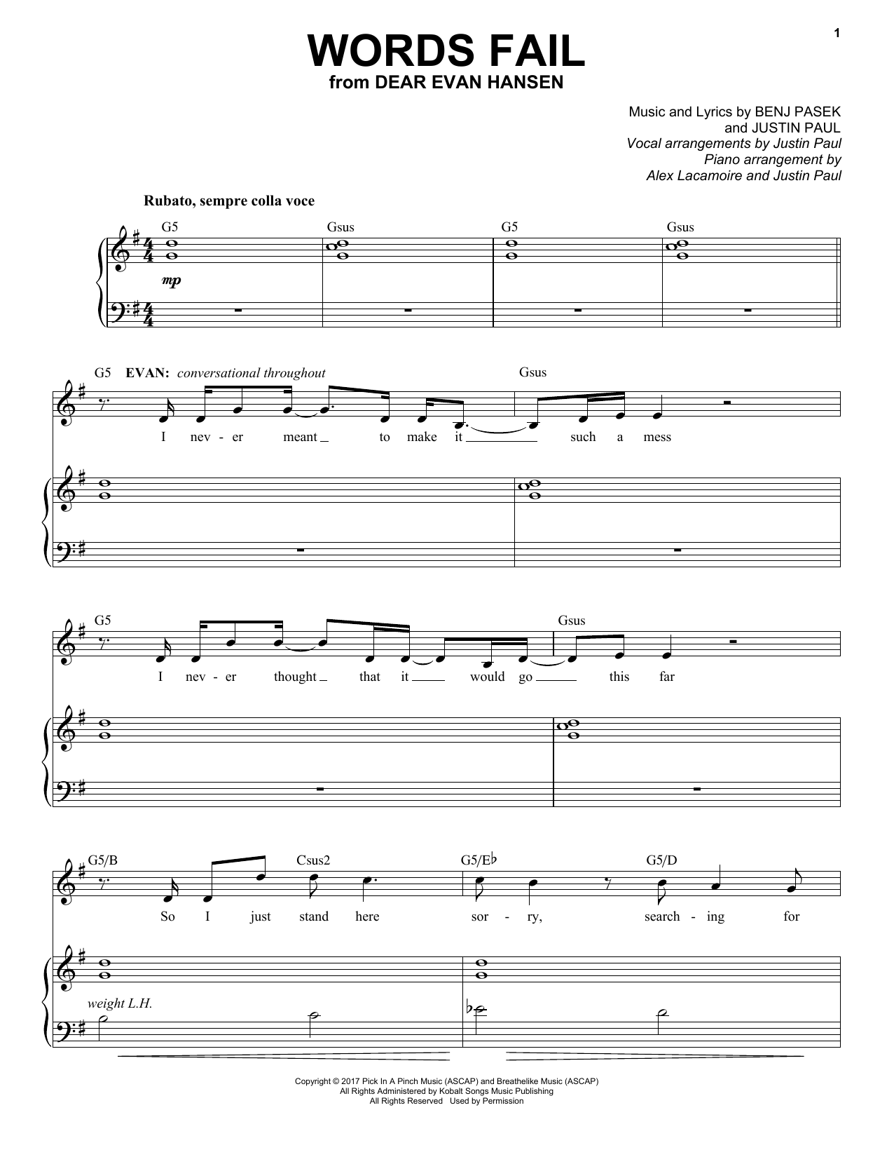 Pasek & Paul Words Fail (from Dear Evan Hansen) Sheet Music Notes & Chords for Piano Vocal - Download or Print PDF
