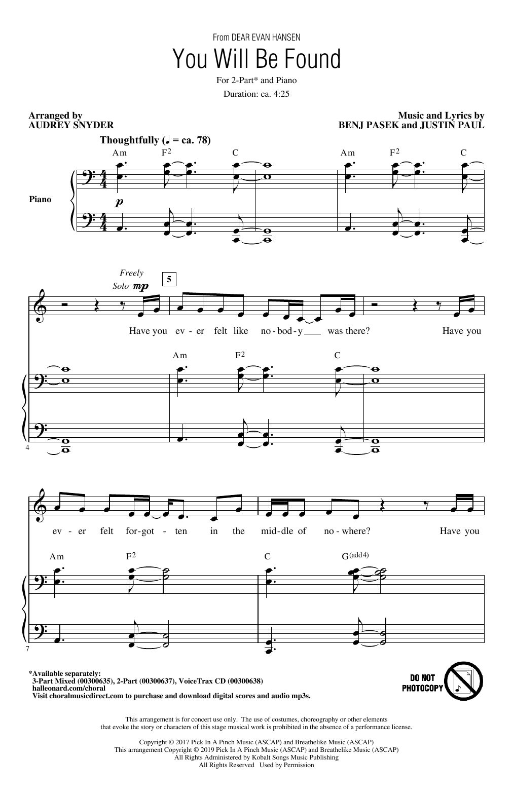 Pasek & Paul You Will Be Found (from Dear Evan Hansen) (arr. Audrey Snyder) Sheet Music Notes & Chords for 2-Part Choir - Download or Print PDF