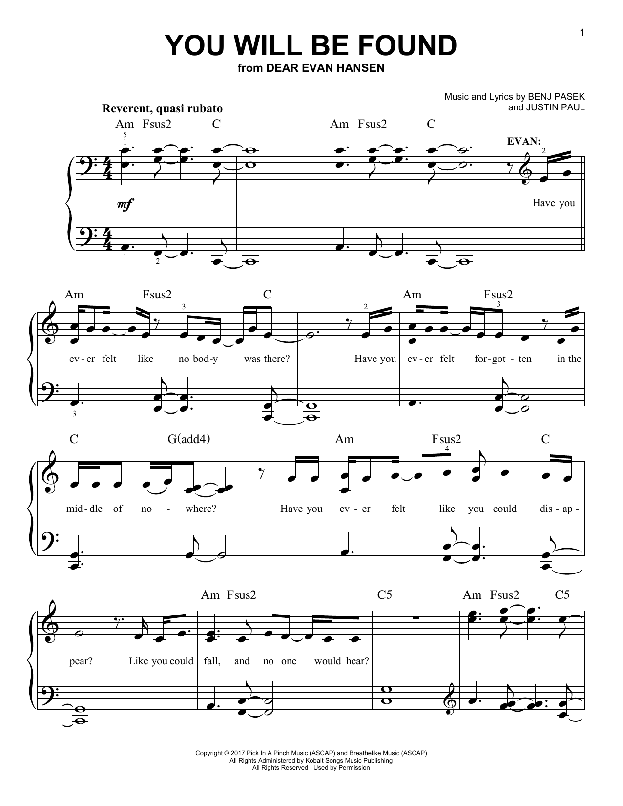 Pasek & Paul You Will Be Found (from Dear Evan Hansen) Sheet Music Notes & Chords for Super Easy Piano - Download or Print PDF