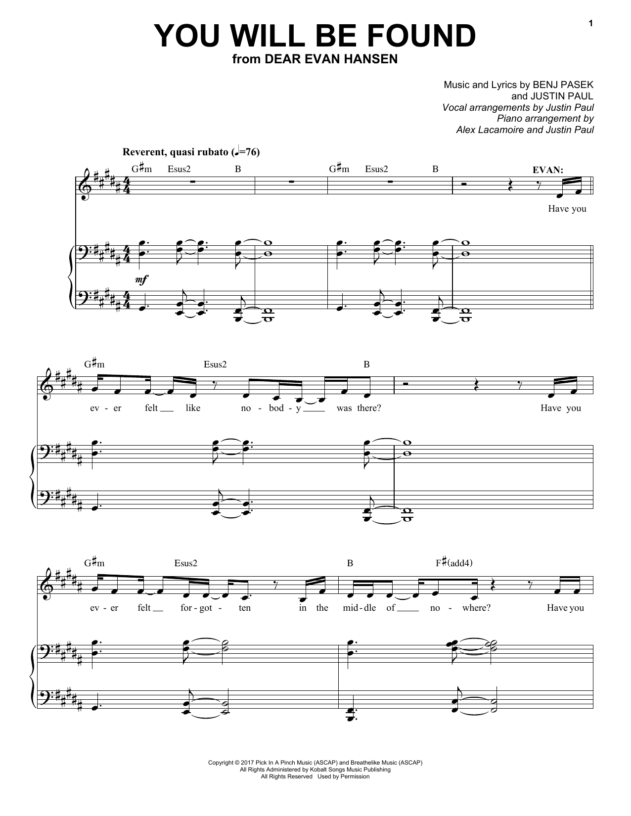 Pasek & Paul You Will Be Found Sheet Music Notes & Chords for Piano & Vocal - Download or Print PDF