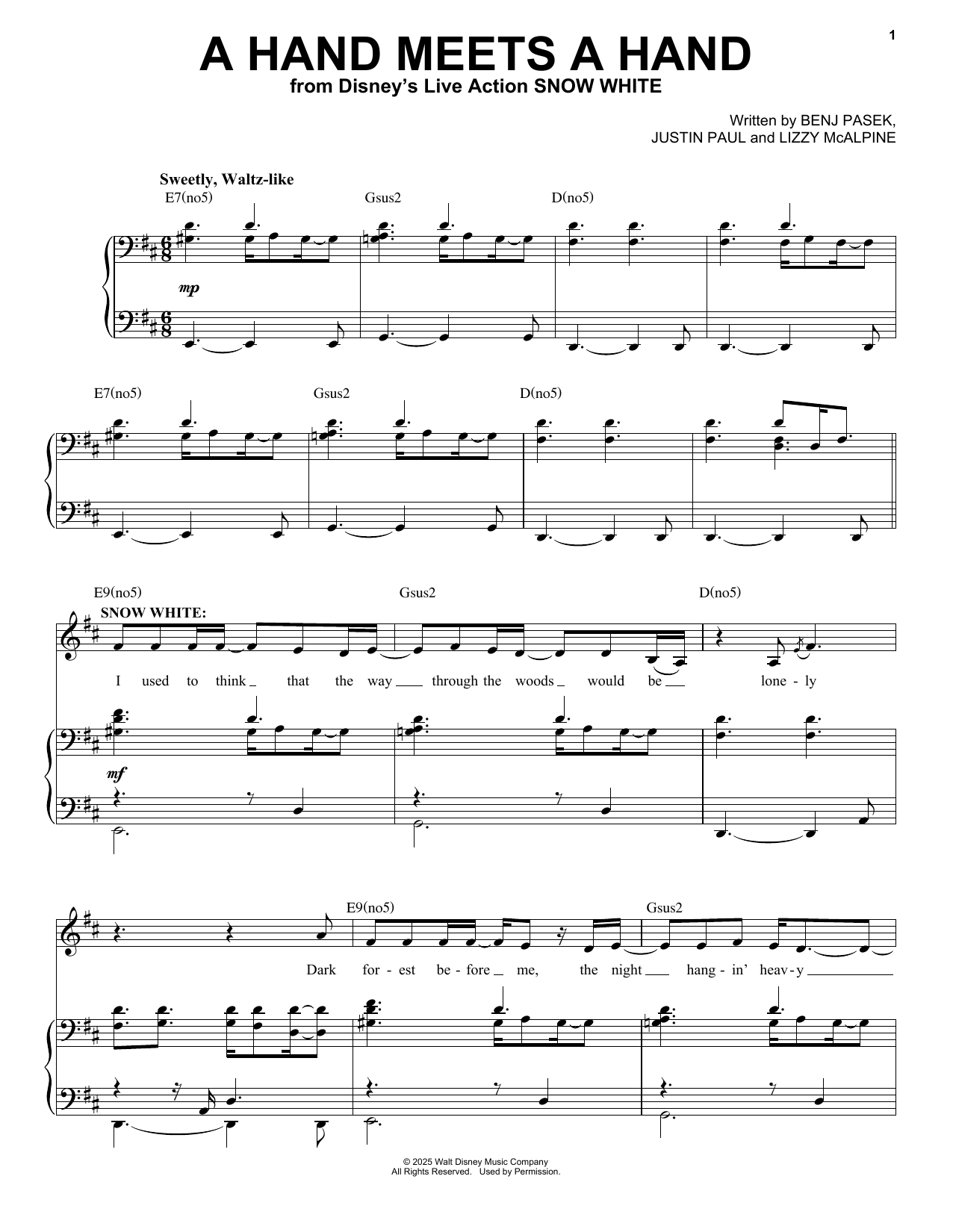 Pasek & Paul A Hand Meets A Hand (from Snow White) (2025) Sheet Music Notes & Chords for Piano & Vocal - Download or Print PDF