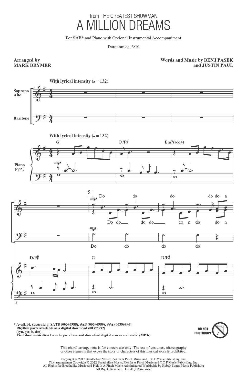 Pasek & Paul A Million Dreams (from The Greatest Showman) (arr. Mark Brymer) Sheet Music Notes & Chords for SAB Choir - Download or Print PDF