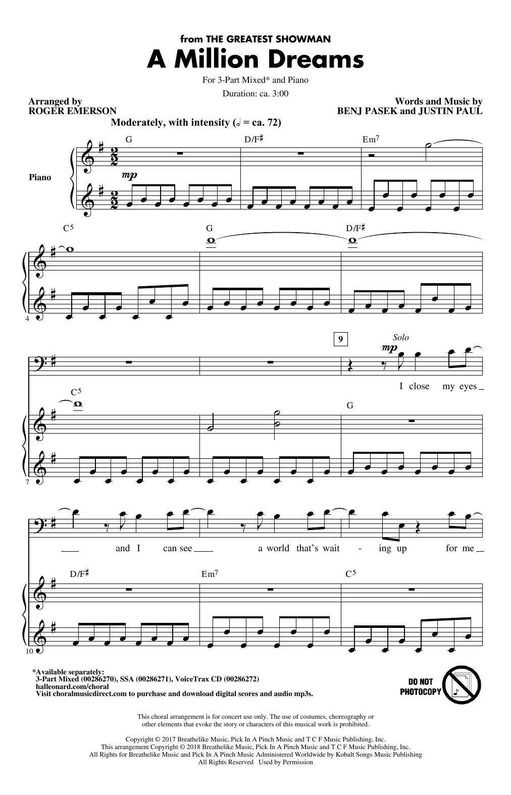 Pasek & Paul A Million Dreams (from The Greatest Showman) (arr. Roger Emerson) Sheet Music Notes & Chords for 3-Part Mixed Choir - Download or Print PDF
