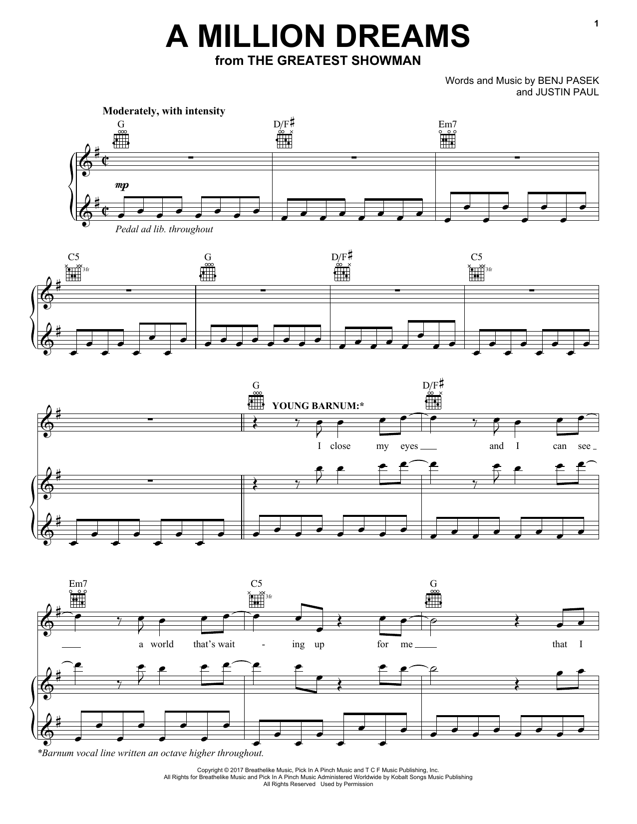 Pasek & Paul A Million Dreams (from The Greatest Showman) Sheet Music Notes & Chords for Piano & Vocal - Download or Print PDF