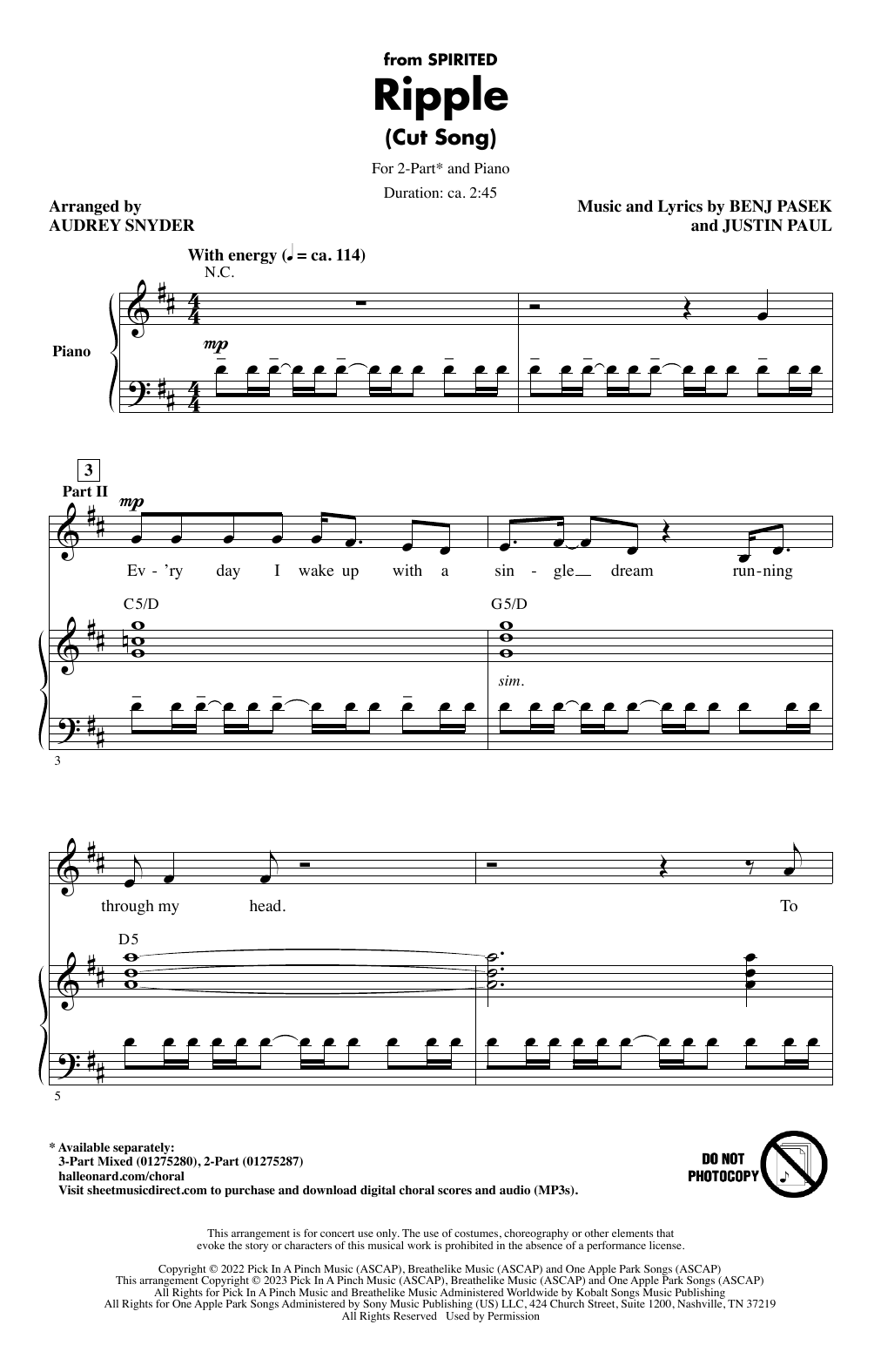 Pasek & Paul Ripple (Cut Song) (from Spirited) (arr. Audrey Snyder) Sheet Music Notes & Chords for 3-Part Mixed Choir - Download or Print PDF