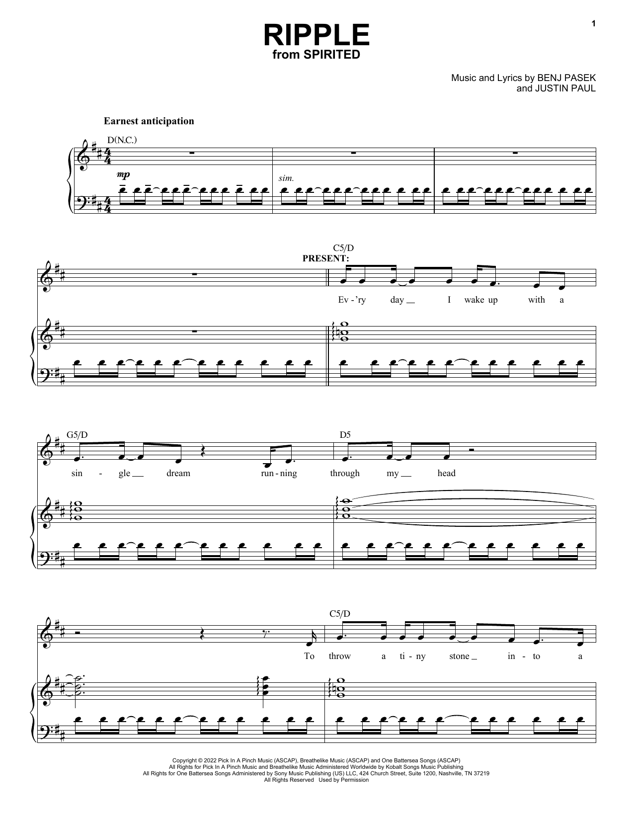 Pasek & Paul Ripple (Cut Song) (from Spirited) Sheet Music Notes & Chords for Piano & Vocal - Download or Print PDF