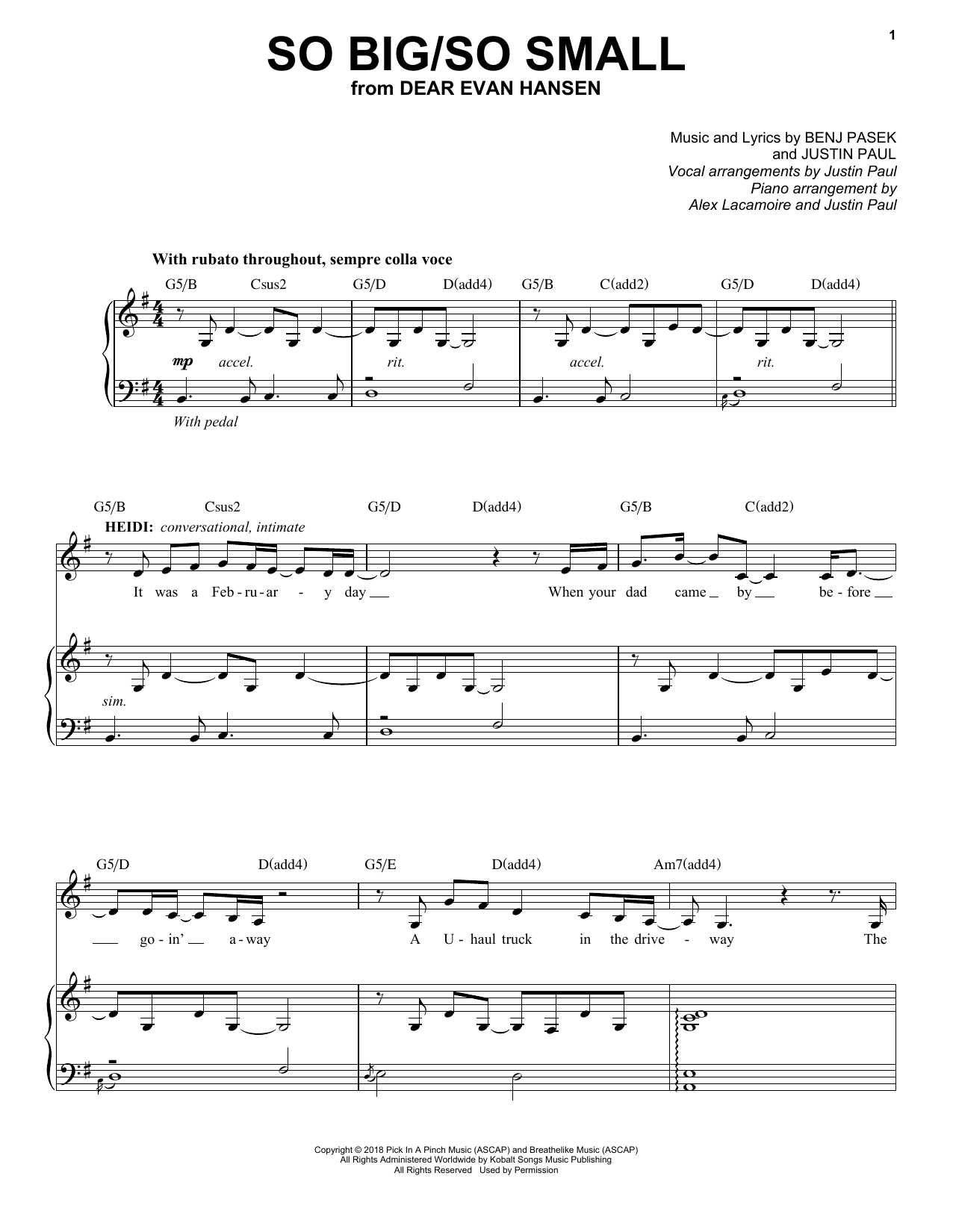 Pasek & Paul So Big/So Small (from Dear Evan Hansen) Sheet Music Notes & Chords for Piano & Vocal - Download or Print PDF
