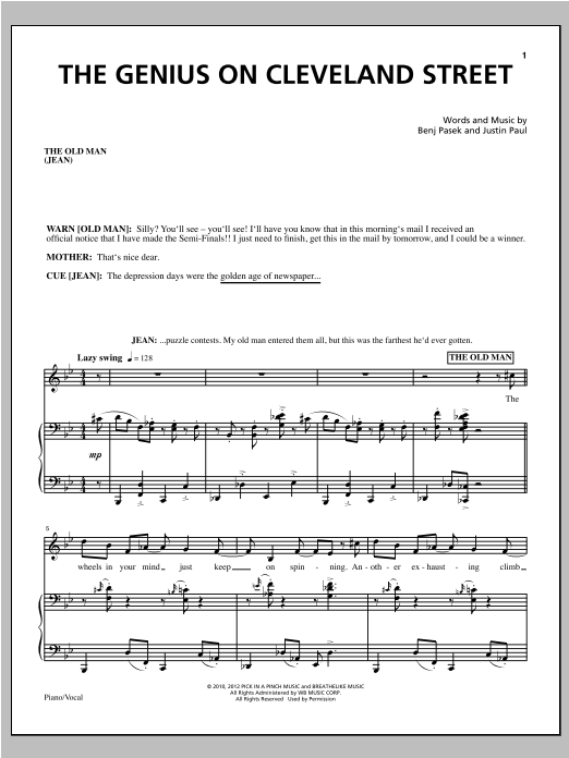 Pasek & Paul The Genius On Cleveland Street Sheet Music Notes & Chords for Piano & Vocal - Download or Print PDF