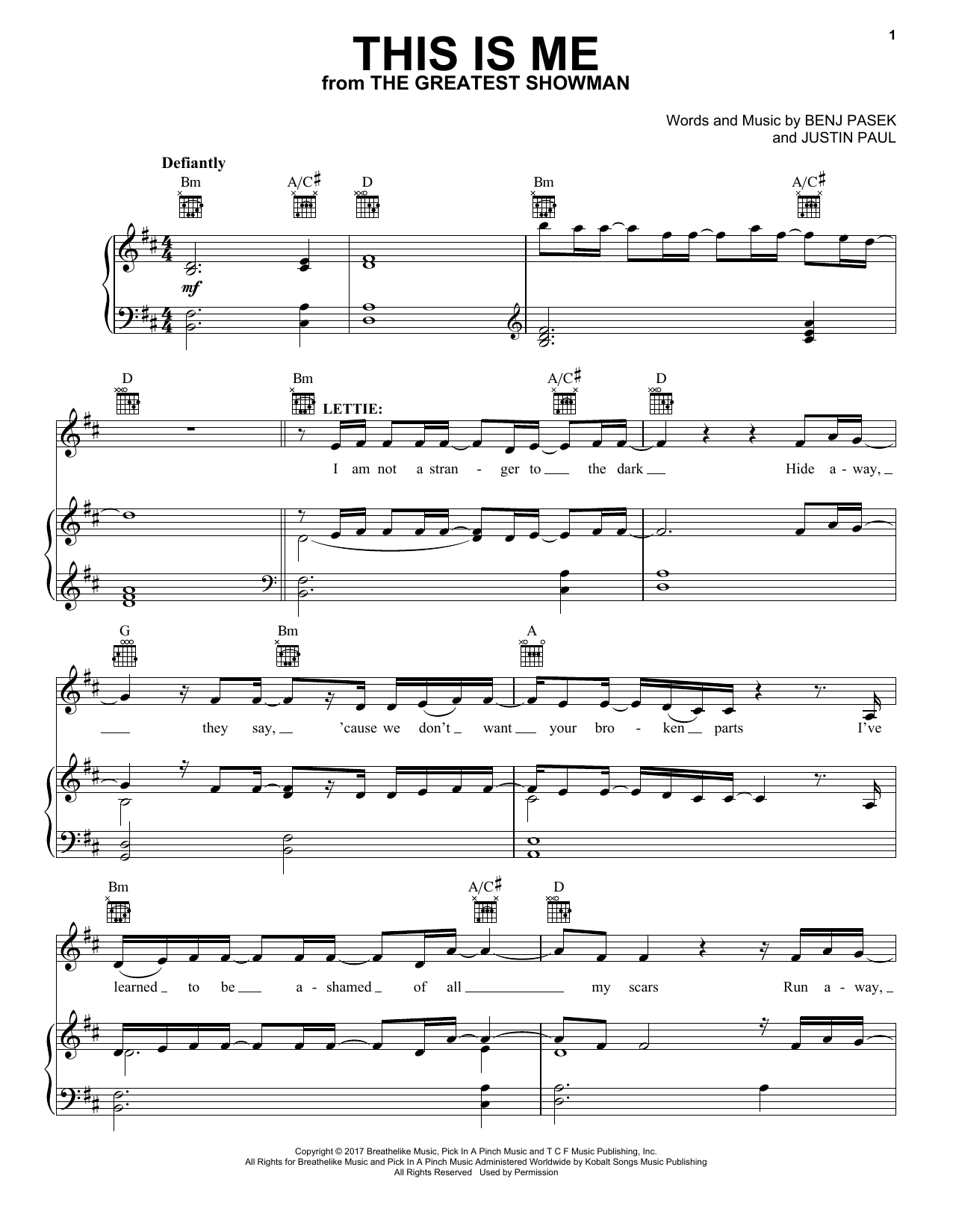 Pasek & Paul This Is Me (from The Greatest Showman) Sheet Music Notes & Chords for Piano, Vocal & Guitar (Right-Hand Melody) - Download or Print PDF
