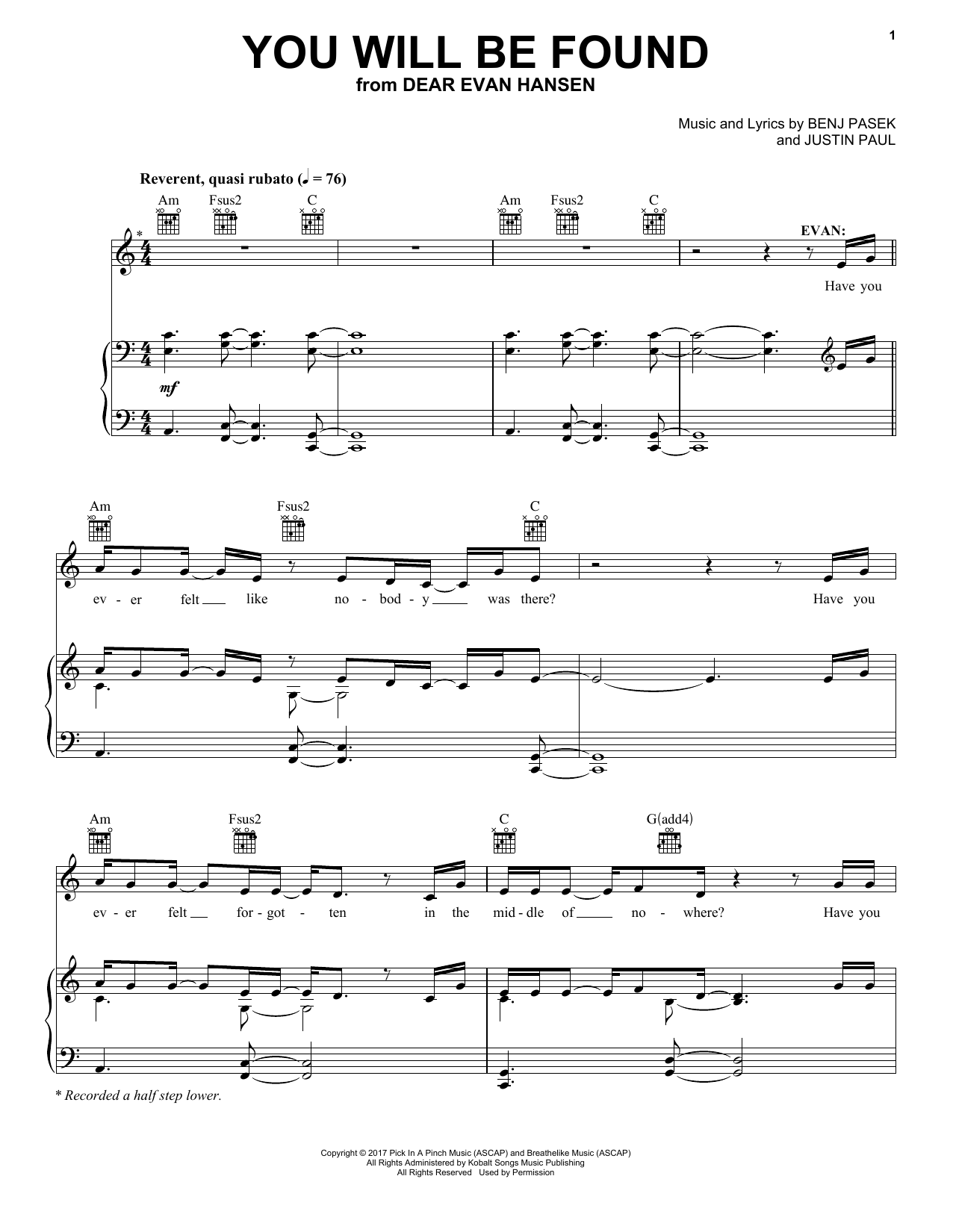 Pasek & Paul You Will Be Found (from Dear Evan Hansen) Sheet Music Notes & Chords for Piano, Vocal & Guitar (Right-Hand Melody) - Download or Print PDF