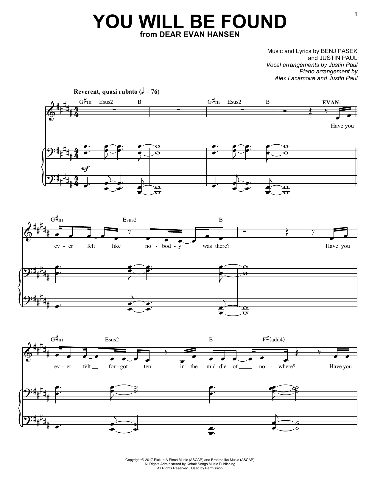 Pasek & Paul You Will Be Found Sheet Music Notes & Chords for Piano & Vocal - Download or Print PDF