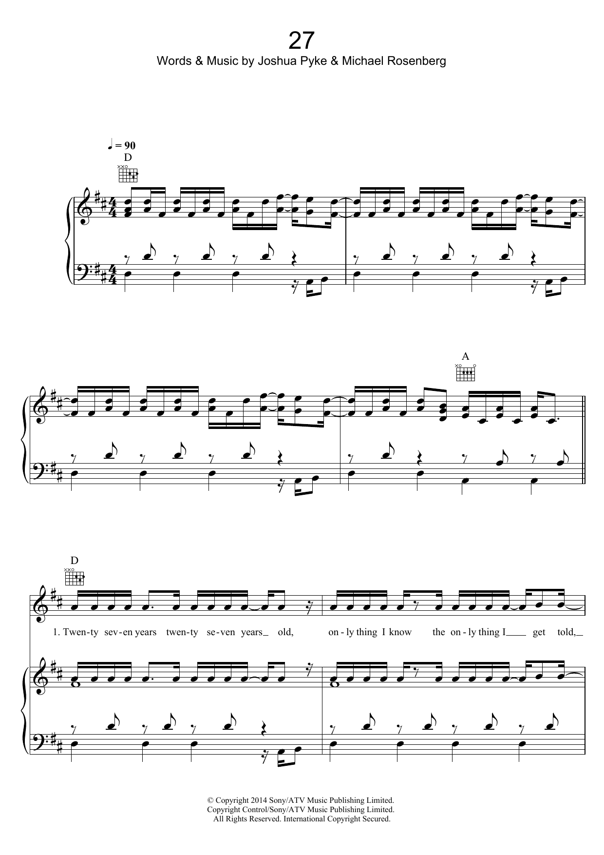 Passenger 27 Sheet Music Notes & Chords for Piano, Vocal & Guitar (Right-Hand Melody) - Download or Print PDF