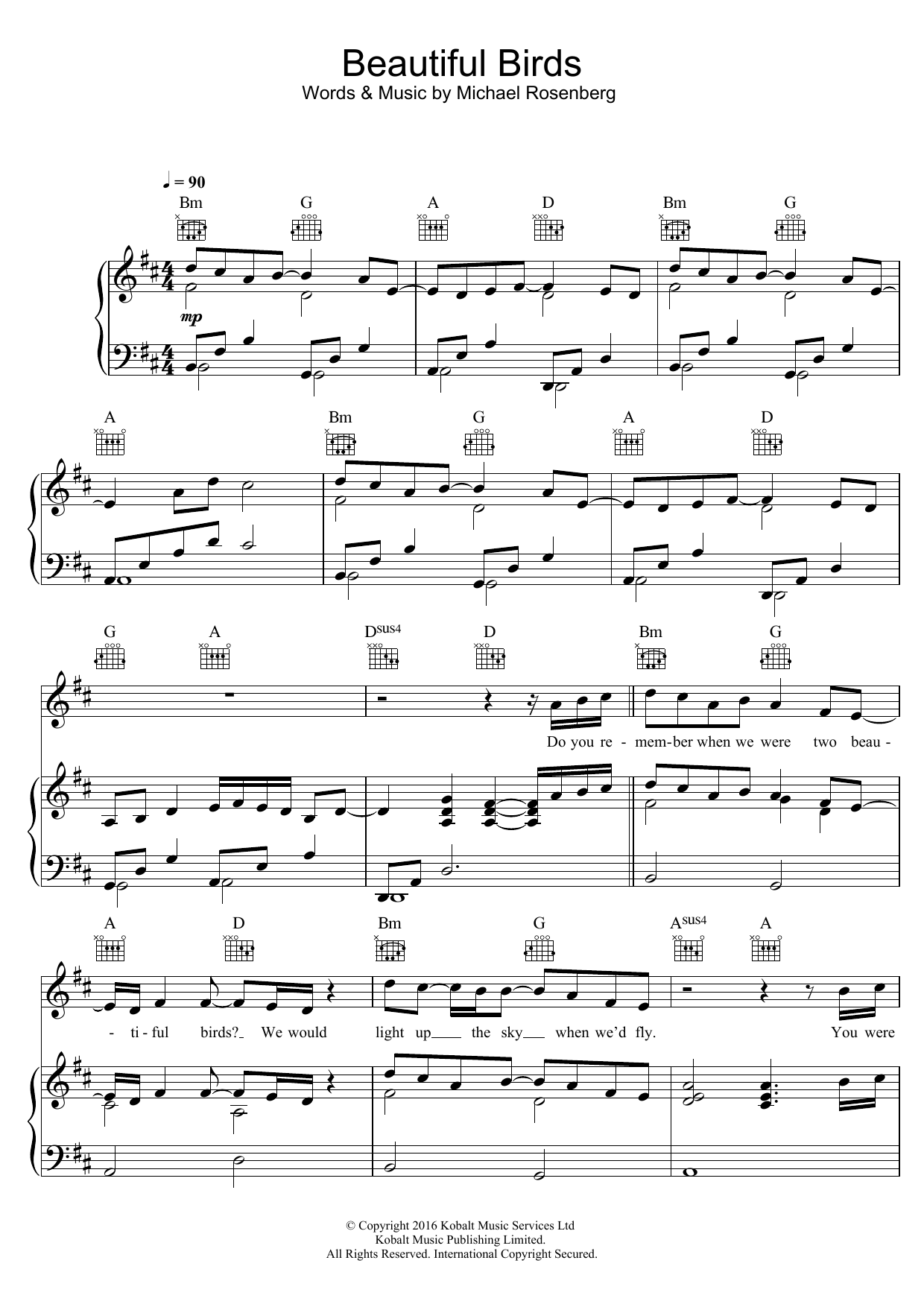Passenger Beautiful Birds Sheet Music Notes & Chords for Piano, Vocal & Guitar (Right-Hand Melody) - Download or Print PDF