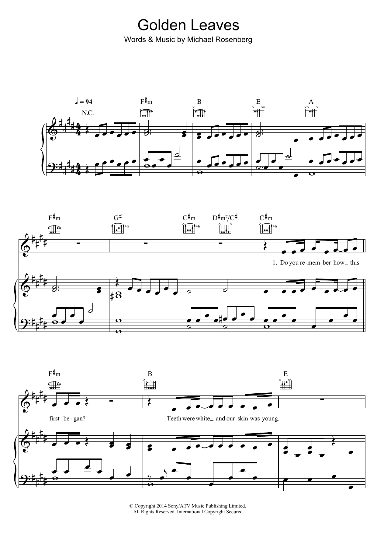 Passenger Golden Leaves Sheet Music Notes & Chords for Piano, Vocal & Guitar (Right-Hand Melody) - Download or Print PDF